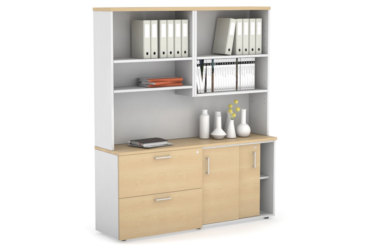 2-Door Sliding Credenza with 2 Drawers & Open Hutch - Modern Office Storage Cabinet for Files, Supplies & Decor - Perfect for Home Office, Conference Rooms & Workspaces
