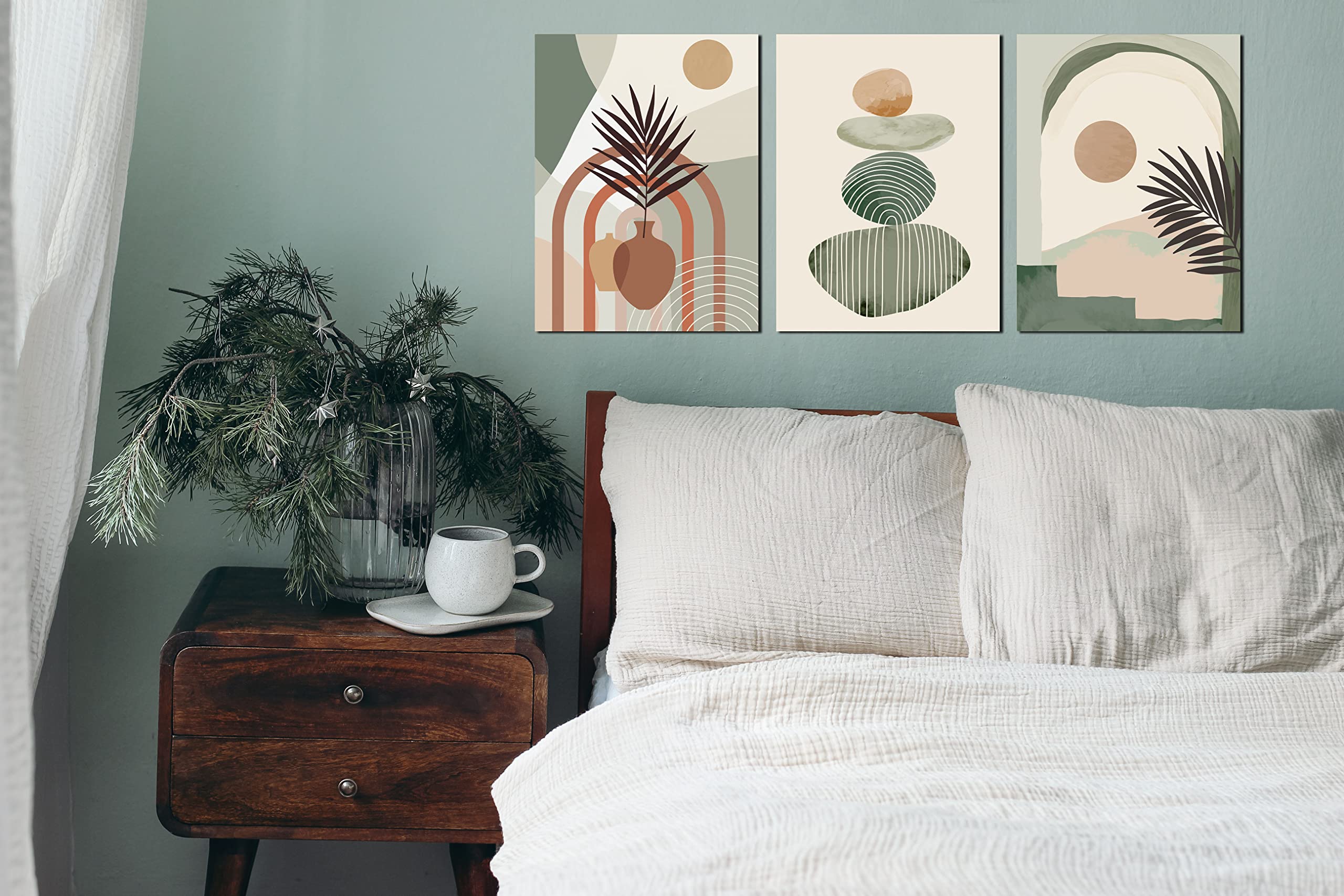Boho Wall Art Decor Set of 3 - Green Canvas Paintings for Bedroom, Living Room & Office - 16x12 Inch Framed Ready to Hang Abstract Nature Artwork - Perfect for Home Decor, Housewarming Gifts & Interior Design