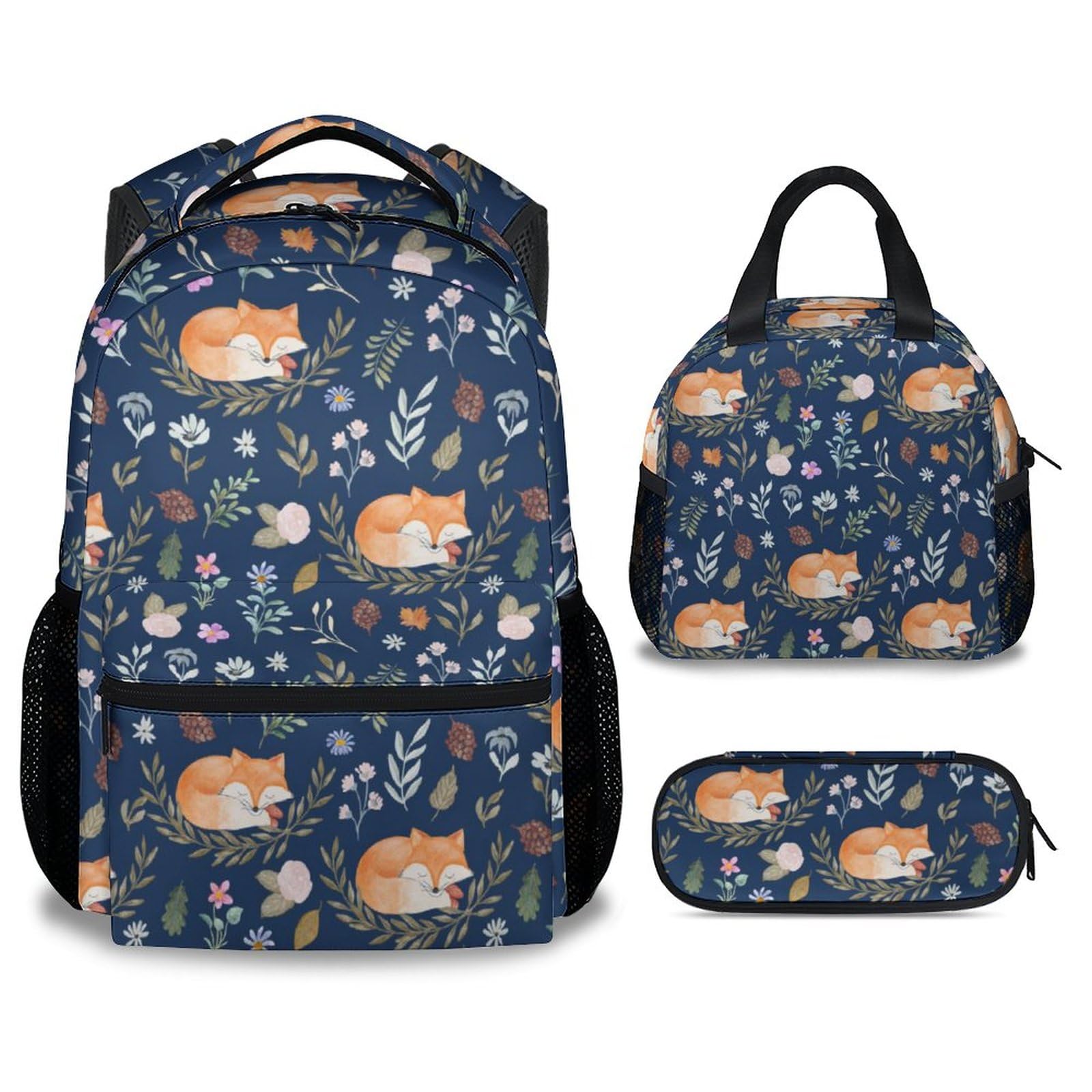 **Mercuryelf Fox Themed Backpack Set for Kids - 3-in-1 School & Travel Backpack Combo with Lunch Box & Pencil Case - Aesthetic Dark Blue Bookbag for Boys & Girls - Perfect for School, Travel & Outdoor Adventures**
