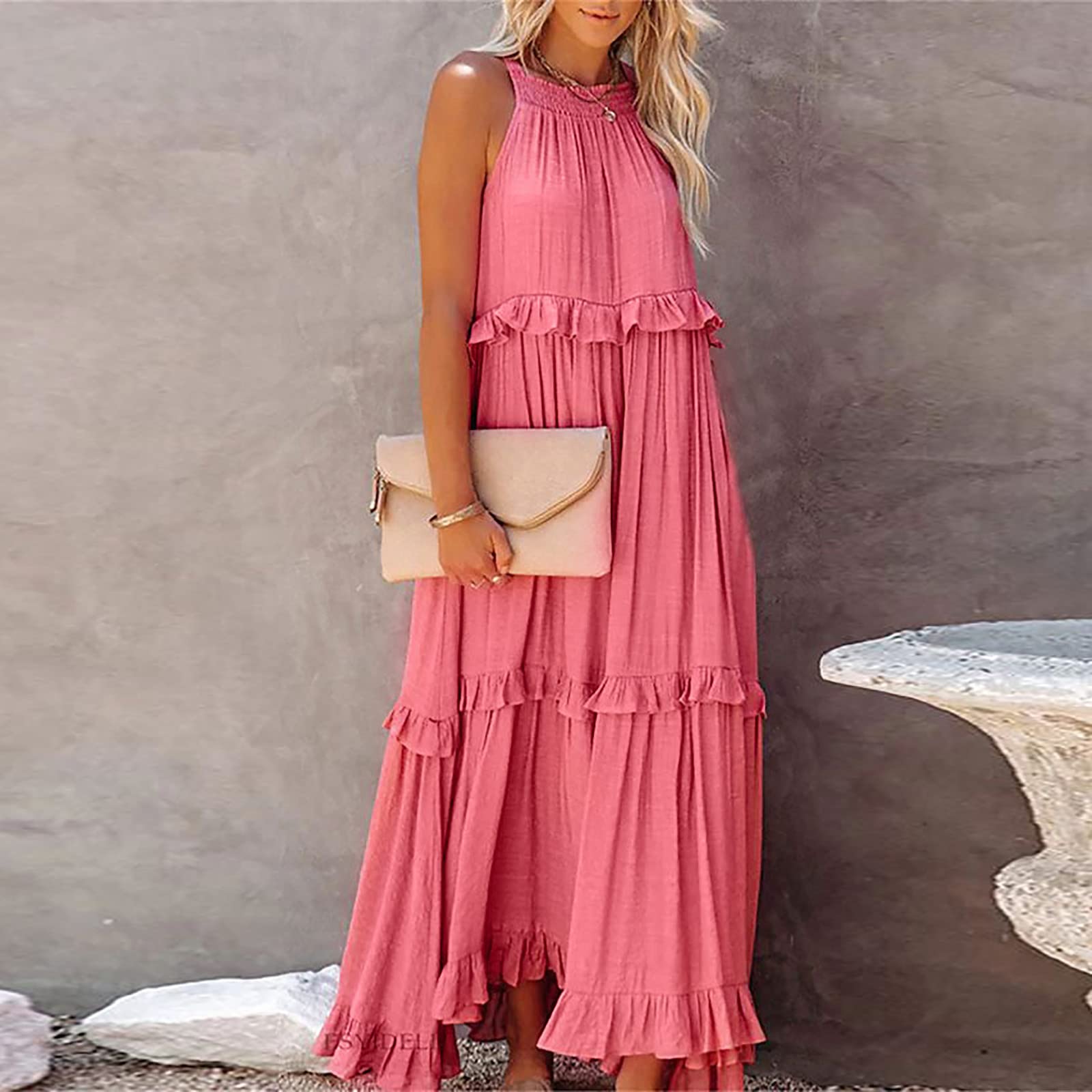 Women's High Neck Ruffle Tiered Maxi Dress - Boho Beach Sundress with Pleated Layered Design for Spring 2025 | Perfect for Vacations, Summer Outings & Casual Wear