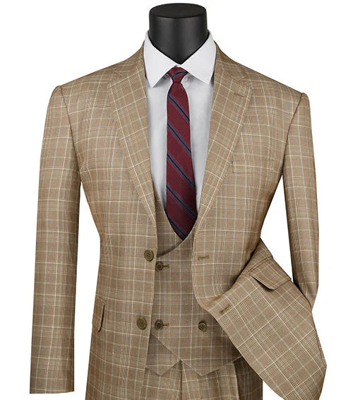 Men's Regular Fit Camel Glen Plaid Three Piece Suit - Formal Business Attire for Weddings, Office & Special Occasions