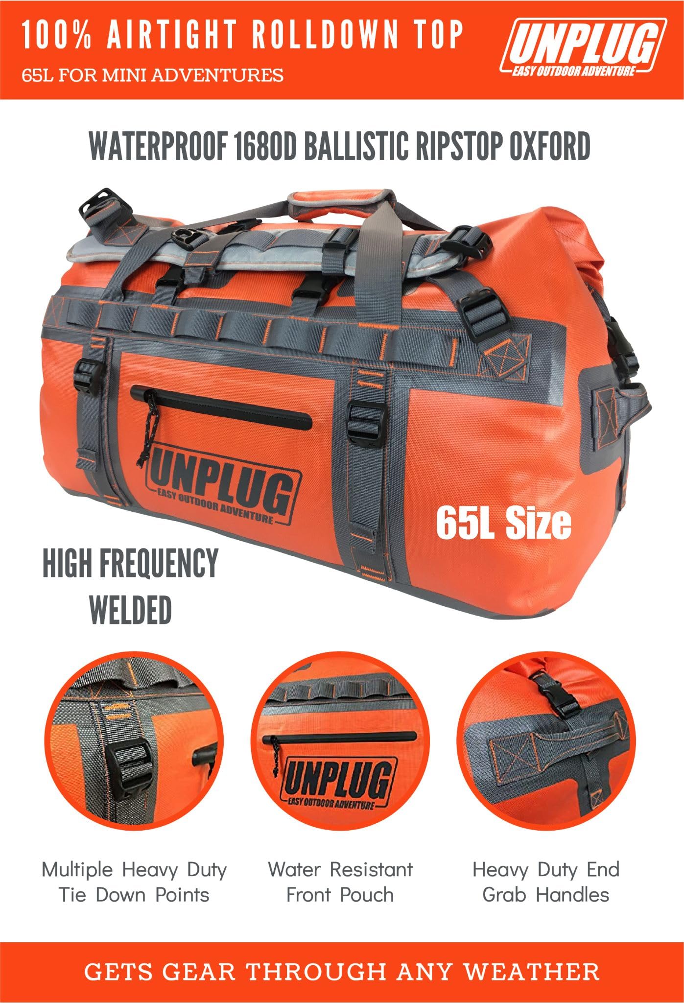 UNPLUG Ultimate Adventure Bag - 1680D Heavy Duty Waterproof Travel Duffel Bag for Camping, Hiking, Motorcycle & Boating | Tactical Duffle Backpack for Outdoor Sports, Travel & Emergency Preparedness