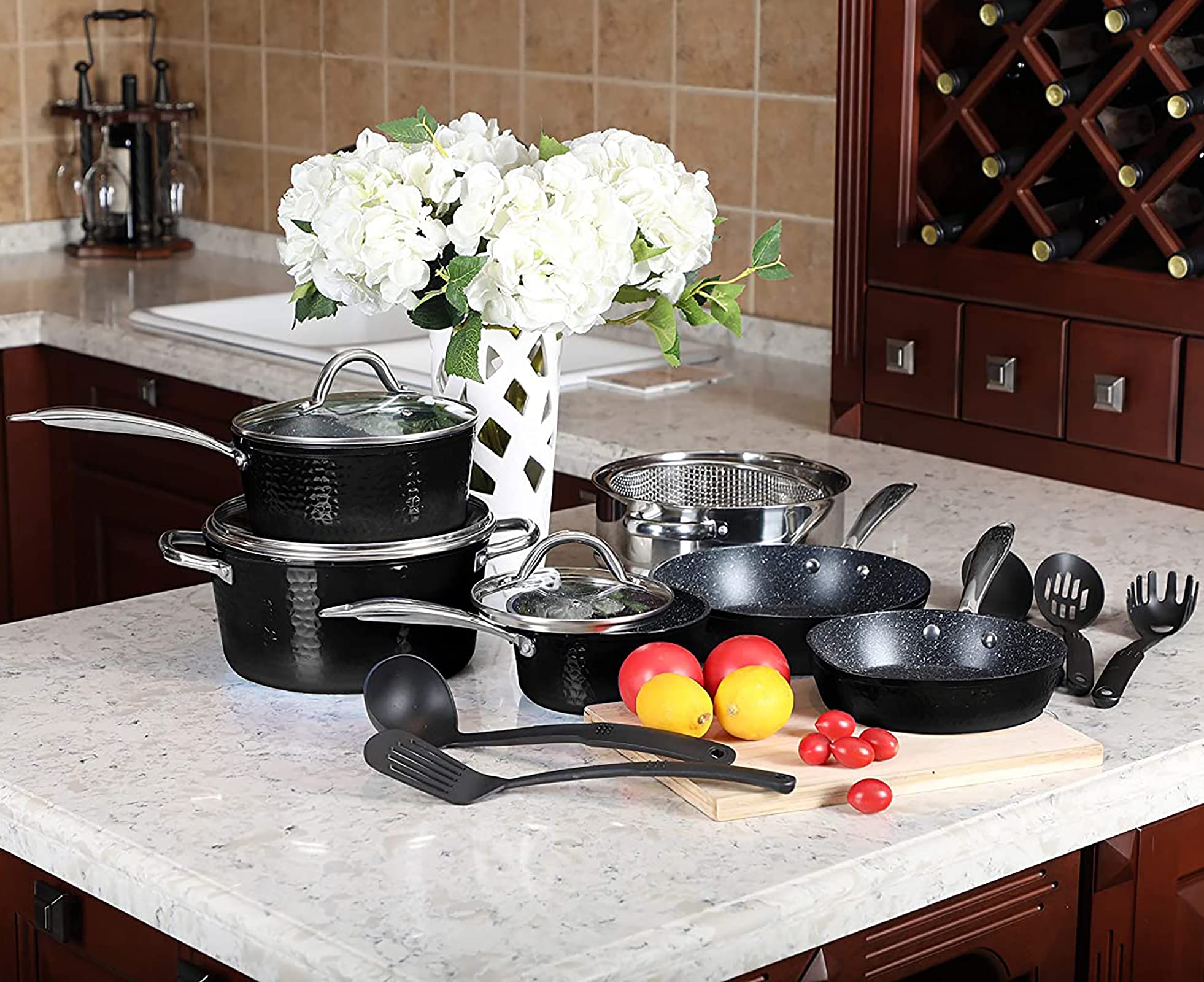 MAISON ARTS 15-Piece Nonstick Granite Hammered Cookware Set - Induction, Oven & Dishwasher Safe Pots and Pans for Stovetop Cooking - Perfect for Home Chefs & Family Meals (Black)