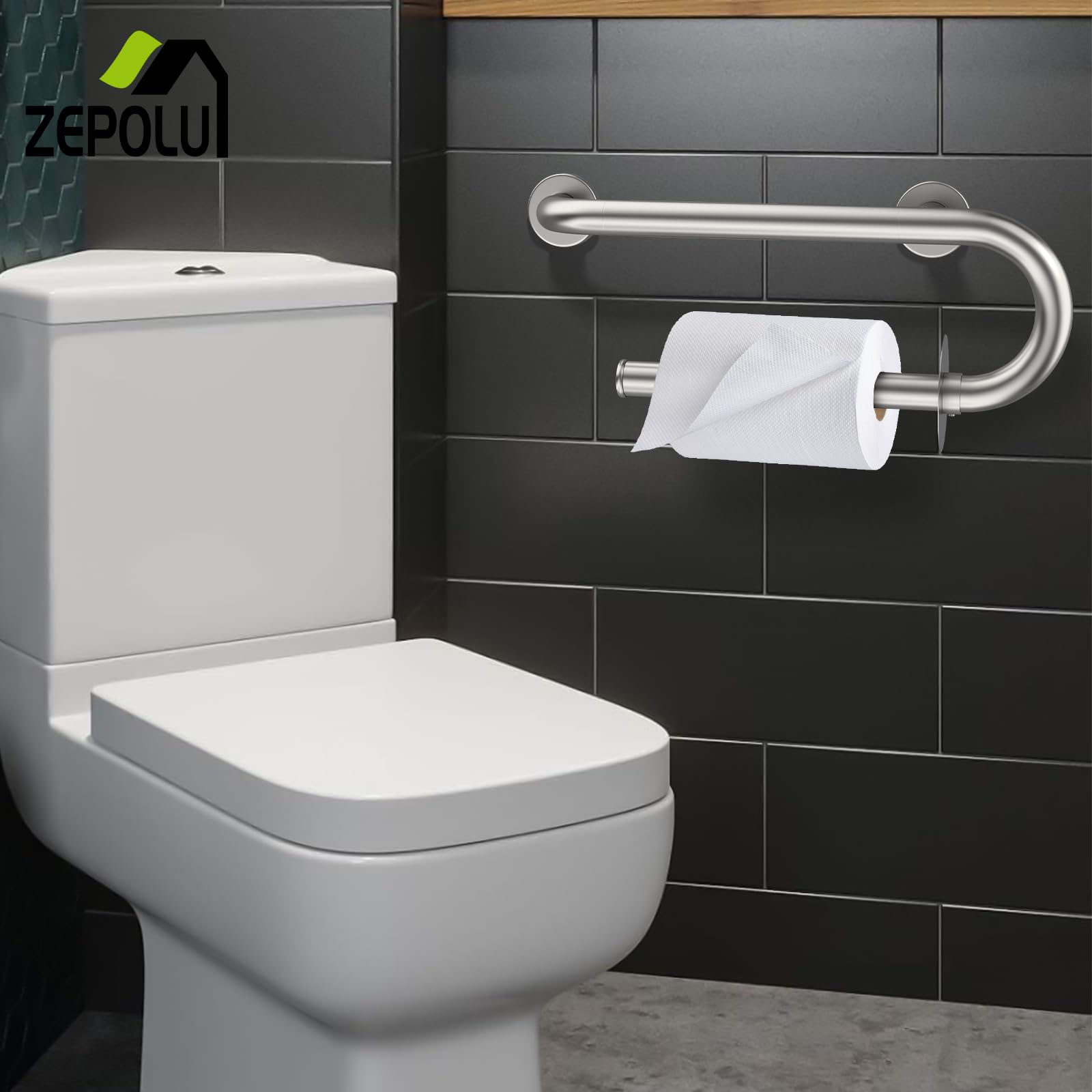 16 Inch Stainless Steel Grab Bar Toilet Paper Holder - Brushed Nickel Bathroom Safety Support Bar for Seniors & Handicap Accessible - Ideal for Elderly Bathroom Safety & ADA Compliant Toilet Assistance