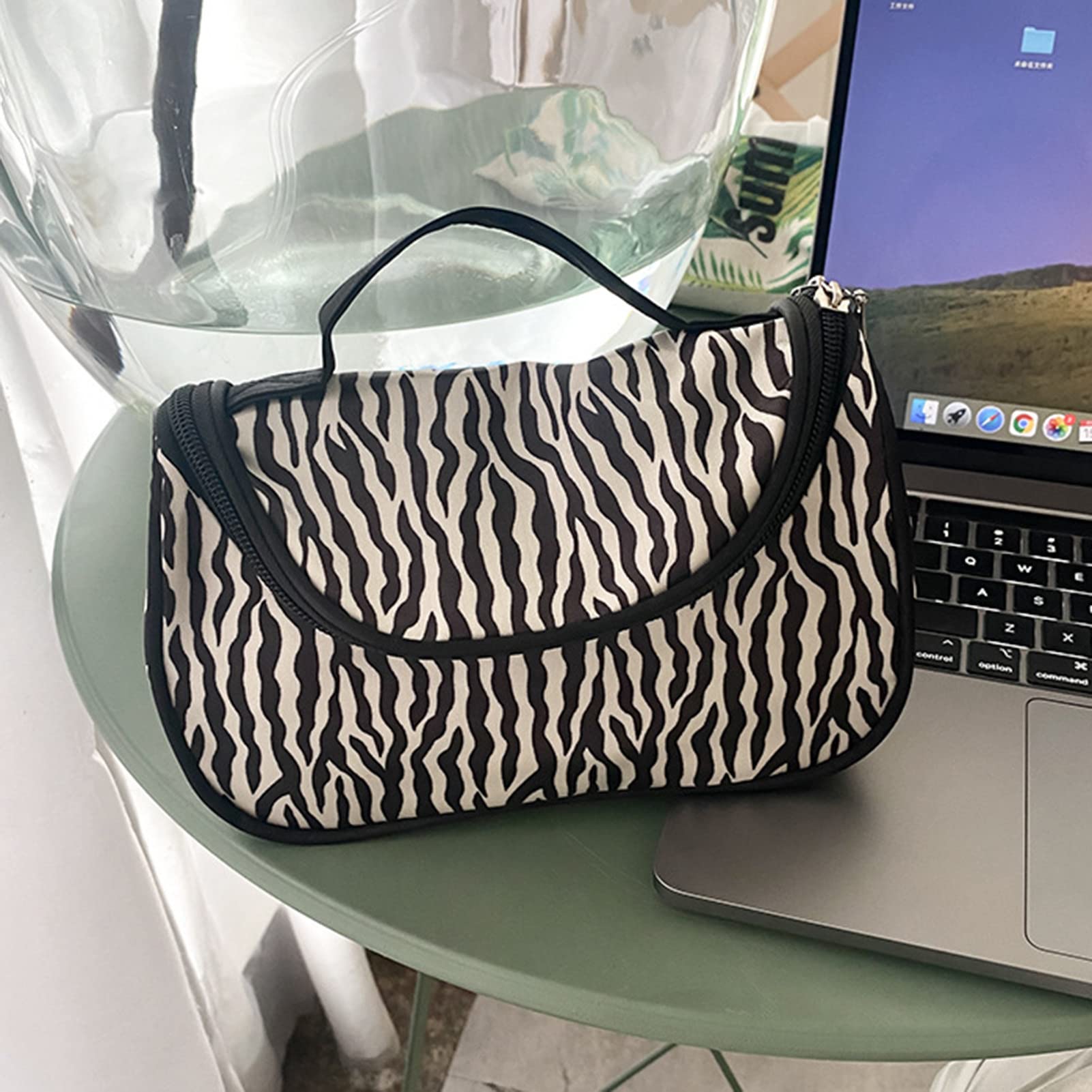 Waterproof Zebra Print Cosmetic Bag for Women - Nylon Makeup Organizer with Jewelry Pouch, Travel Toiletry Bag for Girls, Perfect Gift for Makeup Brushes & Digital Accessories | Ideal for Travel, Gym & Daily Use