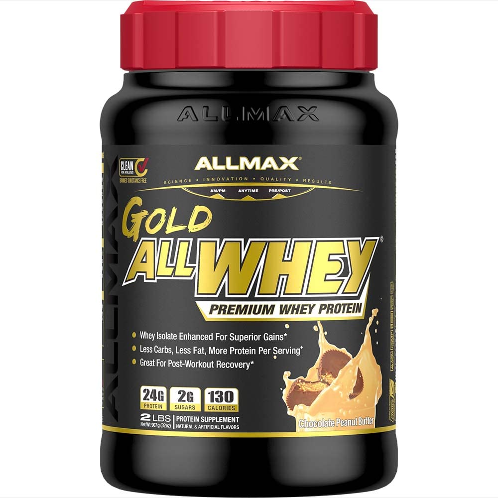 ALLMAX Nutrition Gold ALLWHEY Protein Powder - Premium Whey Protein Blend for Muscle Growth & Post-Workout Recovery | 24g Protein, Gluten Free, Chocolate Peanut Butter Flavor | 2lb for Gym, Fitness & Weight Management