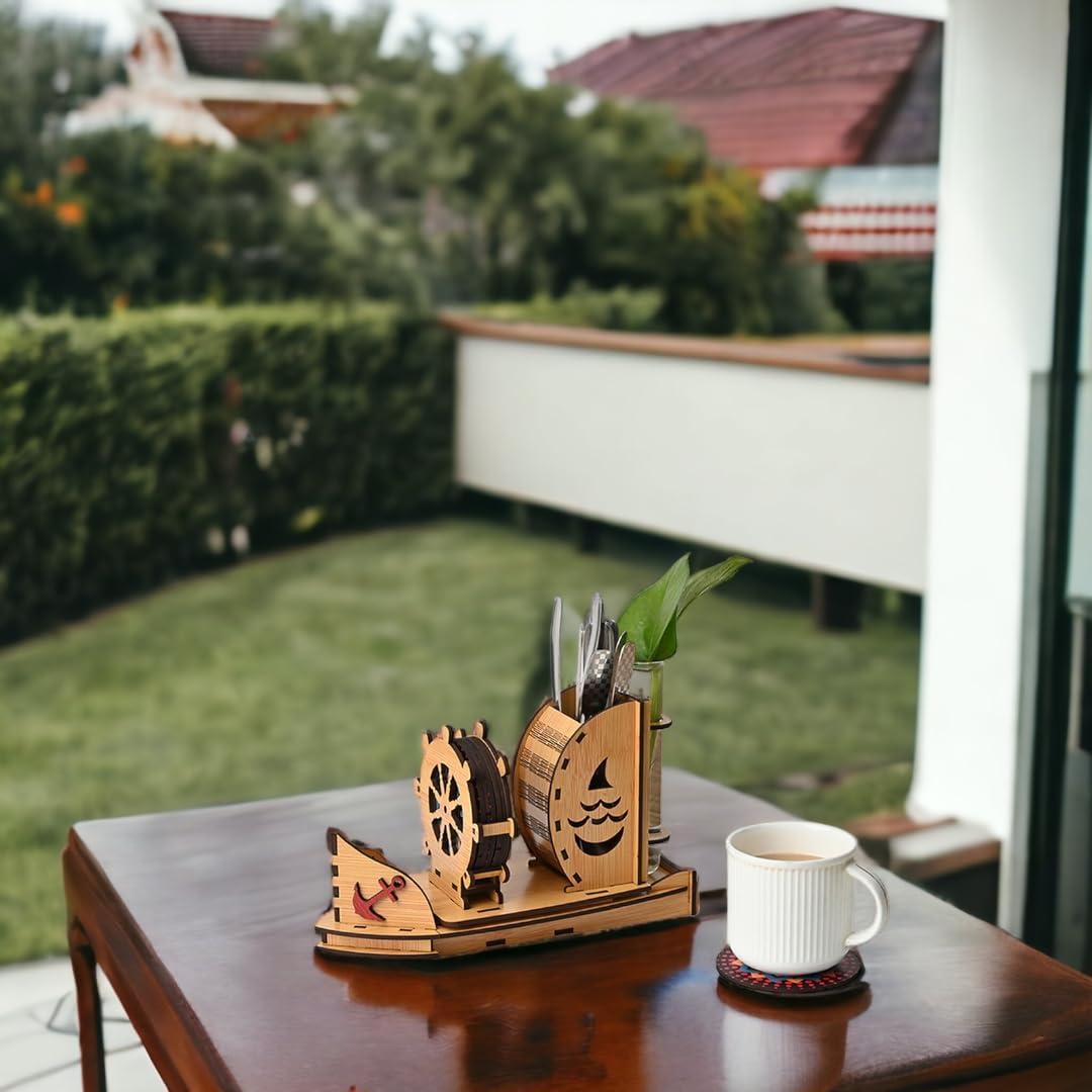 GKD Wooden Coaster Set - 6 Piece Boat Shaped Coasters with Test Tube Planter Holder | Bamboo Drink Coasters for Dining Table Decor & Office Desk Accessories | Perfect for Home Bar, Coffee Table & Kitchen Counter Use