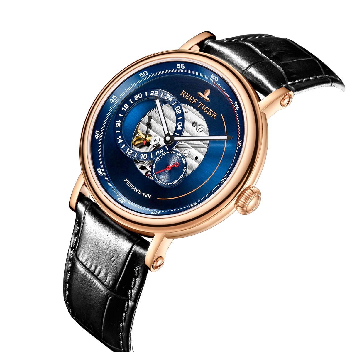 REEF TIGER Luxury Automatic Men's Watch - Blue Dial, Genuine Leather Strap, Water Resistant, RGA1617 Model - Perfect for Business, Formal Events & Gift Giving