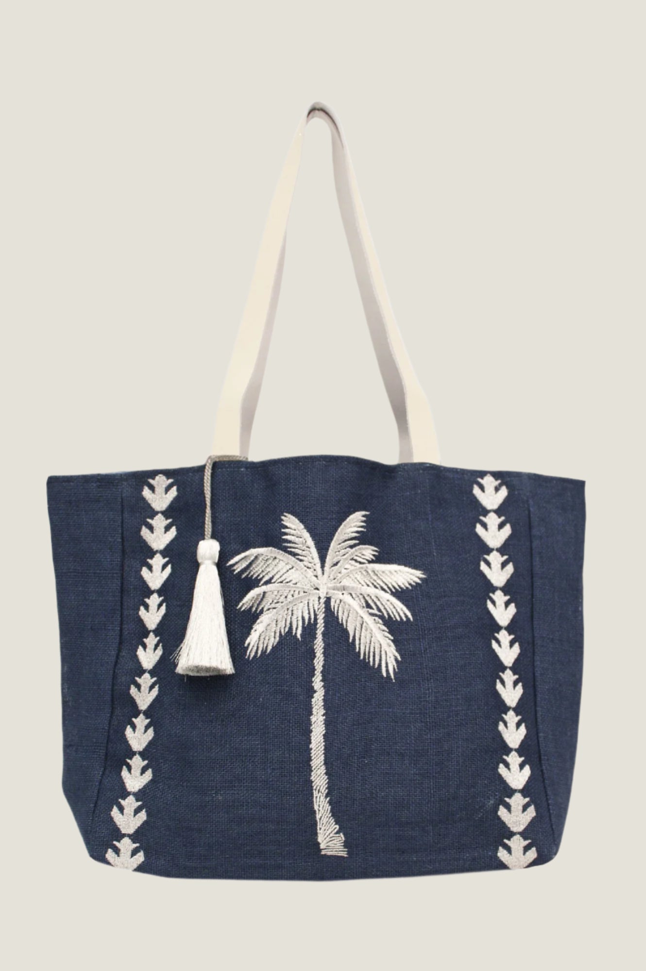 Stylish Navy & Silver Palm Tree Jute Beach Bag - Perfect for Summer Vacations, Pool Parties and Tropical Getaways
