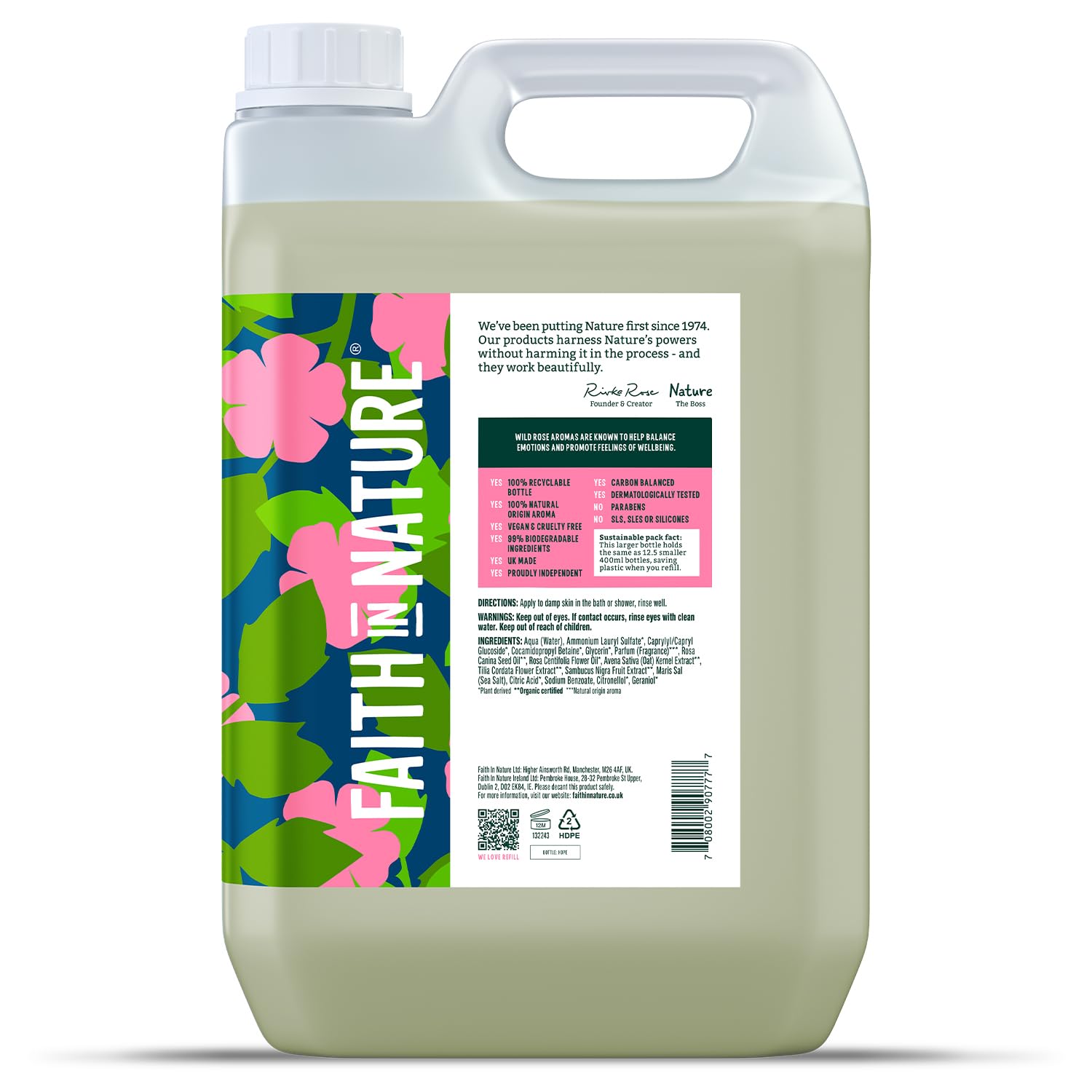 Faith In Nature Natural Wild Rose Body Wash - Vegan & Cruelty-Free Shower Gel with No SLS or Parabens, 5L Refill Pack for Sensitive Skin - Perfect for Daily Use, Spa Days & Eco-Friendly Bathrooms