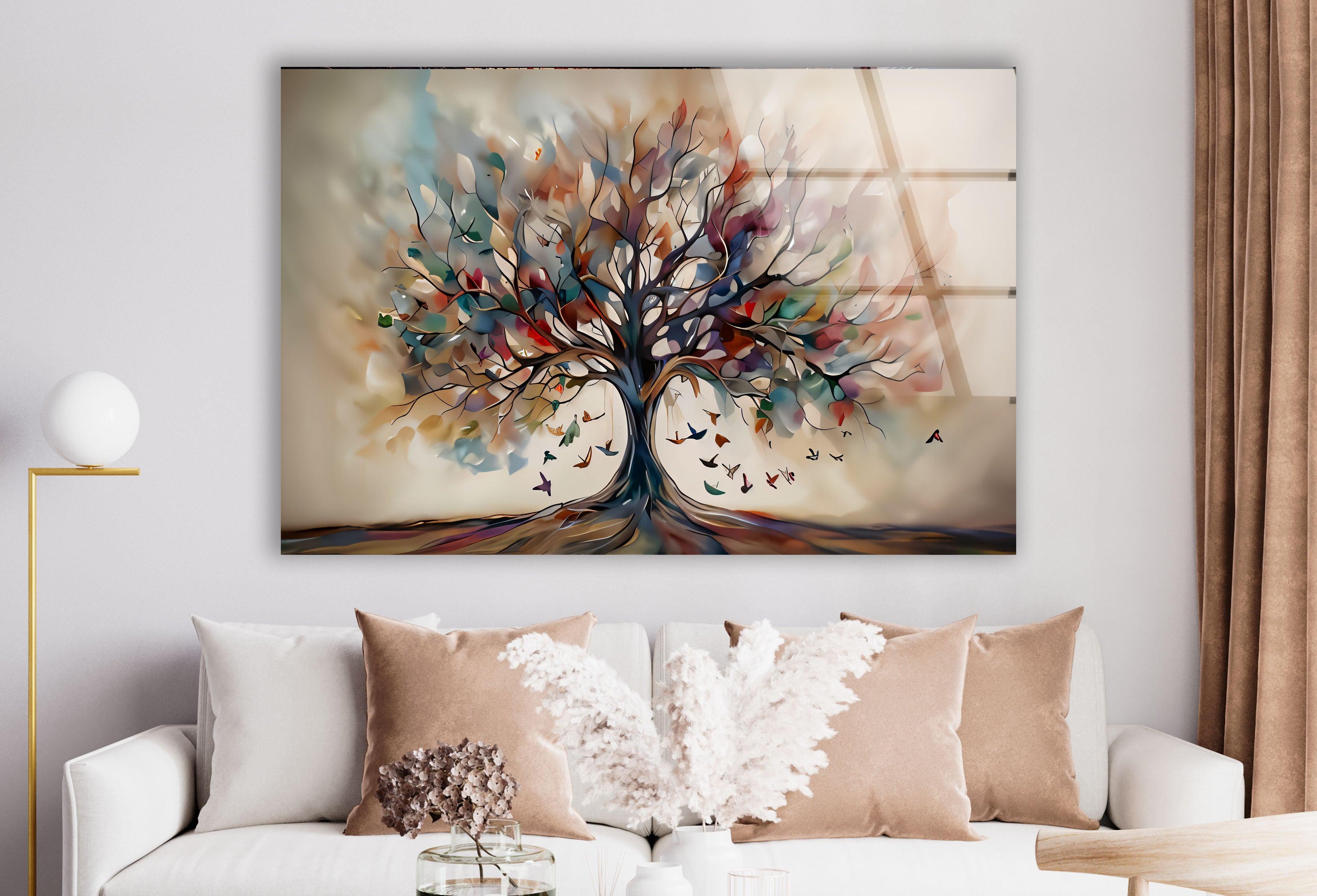 Beige Tree Glass Wall Art - Elegant Home Decor for Living Room, Bedroom & Office - Perfect for Modern & Boho Interiors