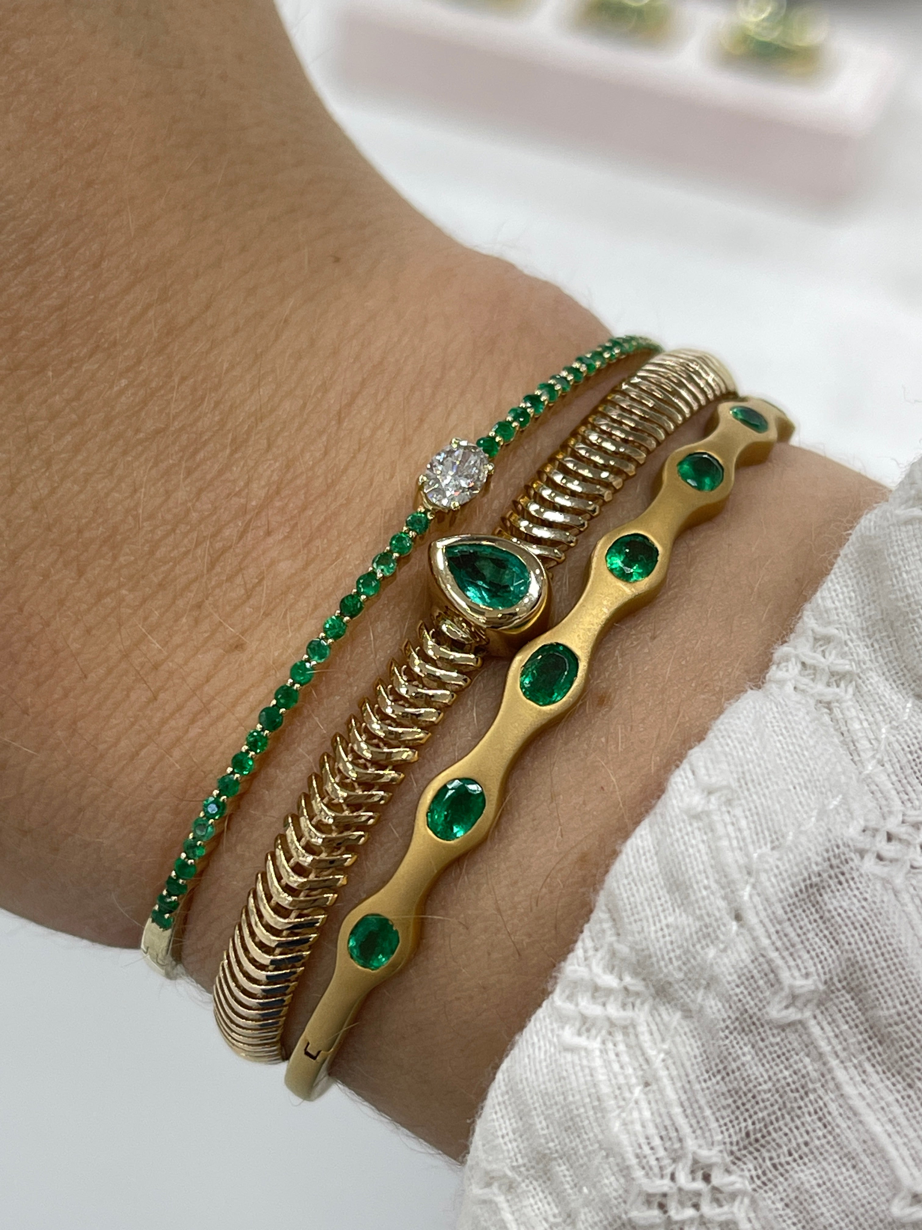 14K Gold Teardrop Emerald & Diamond Snake Chain Bracelet - Elegant Fine Jewelry for Women, 6.5 Inch Adjustable, Perfect for Weddings, Parties & Special Occasions