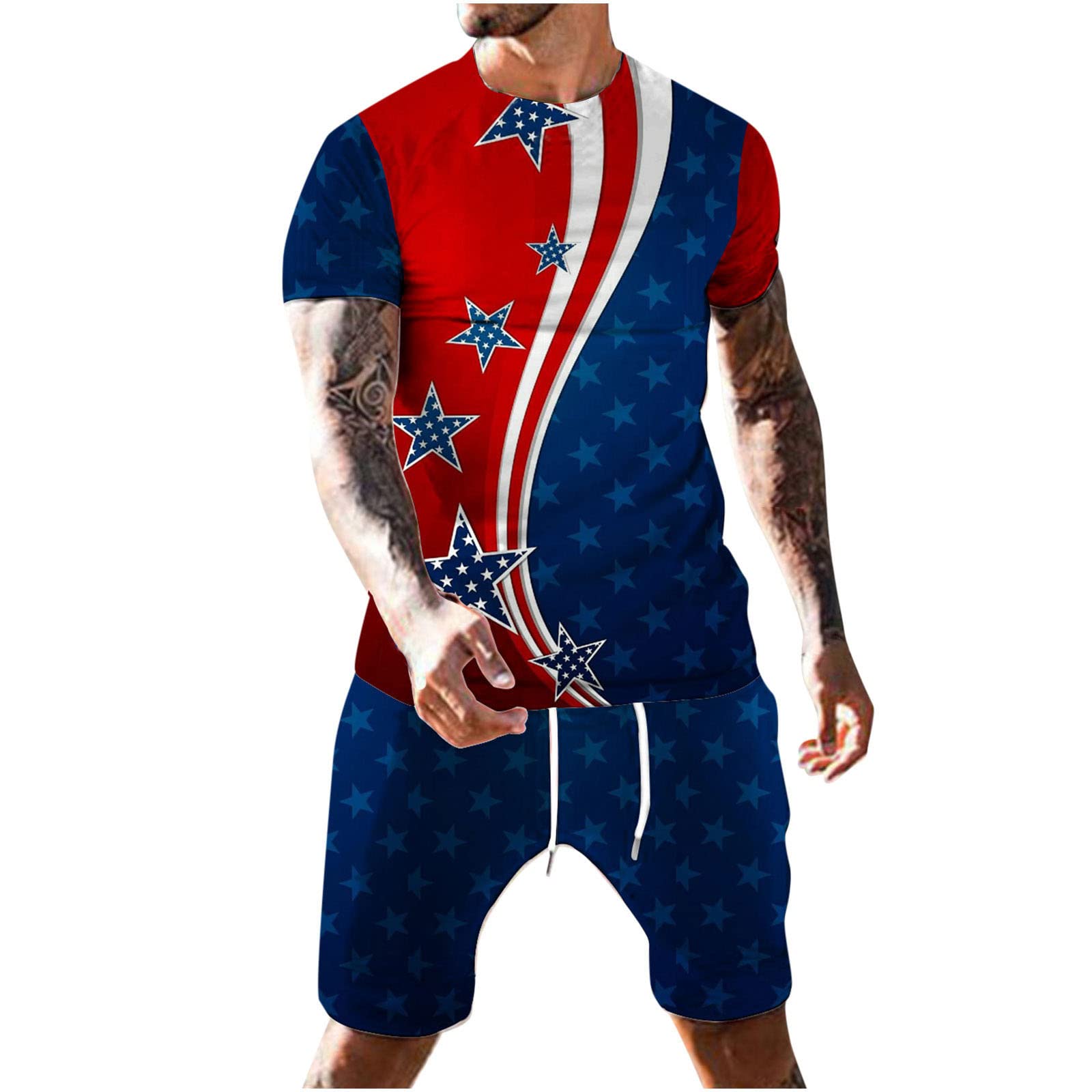 GBSELL Men's 2-Piece Linen Outfit Set - 4th of July Themed Short Sleeve Crewneck Printed T-Shirt & Matching Sweatshirt | Casual Summer Wear, Patriotic Holiday Outfits, Comfortable Lounge Sets