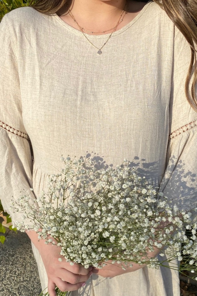 Beige Raw Edge Bell Sleeve Babydoll Dress for Women - Boho Chic Lace Trim Mini Dress - Perfect for Summer, Beach, Music Festivals & Date Nights