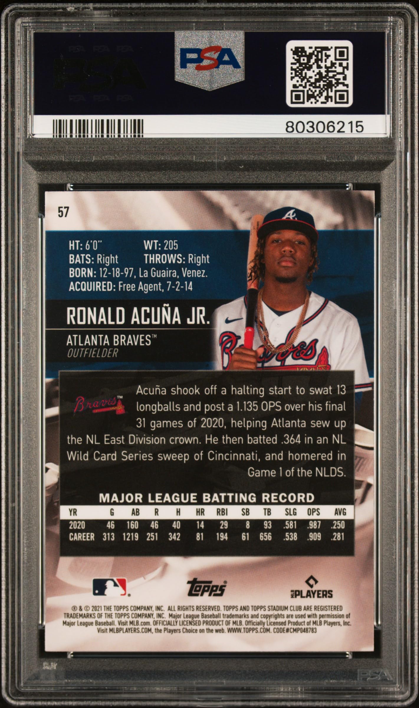 Ronald Acuna Jr. 2021 Topps Stadium Club Chrome Baseball Card #57 PSA 9 Mint - Collectible Sports Memorabilia for Baseball Fans & Card Collectors