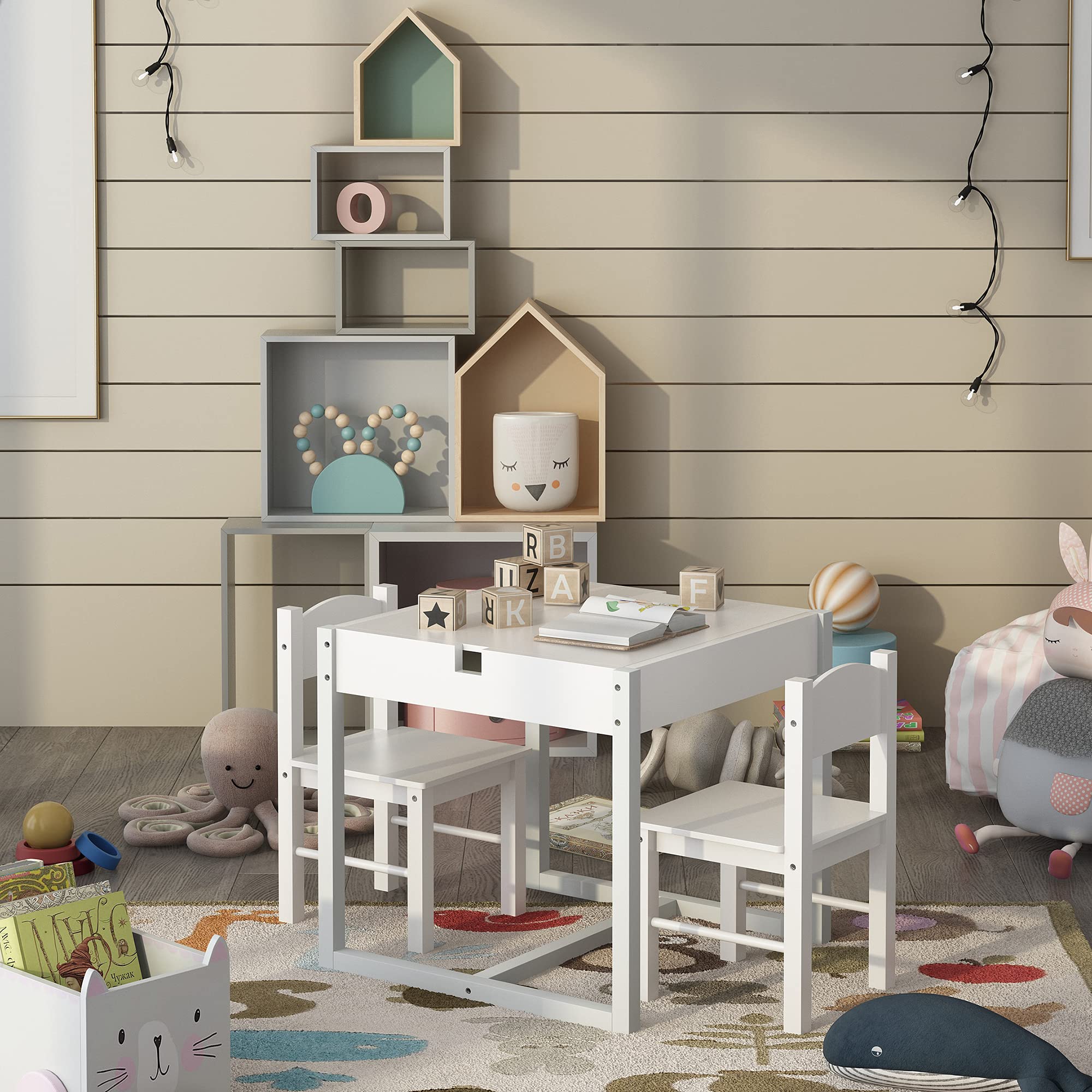 4NM 3-in-1 Kids Table and Chairs Set for Toddlers Ages 3-7 - Wooden Play Activity Table with Hidden Storage, Building Block Desk - White & Green - Perfect for Playroom, Preschool Learning, and Creative Activities