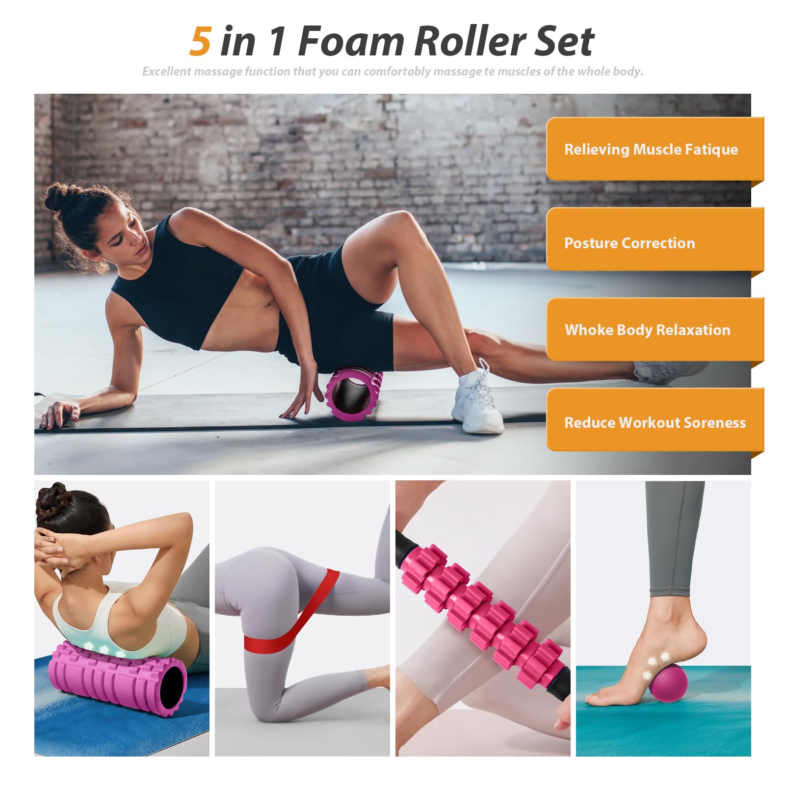 5 in 1 Foam Roller Set for Deep Tissue Muscle Massage & Recovery - Trigger Point Fitness Patented Exercise Foam Roller, Massage Roller, Massage Ball & Stretching Strap - Full Body Pain Relief for Athletes, Yoga & Post-Workout Recovery (Pink-Black)