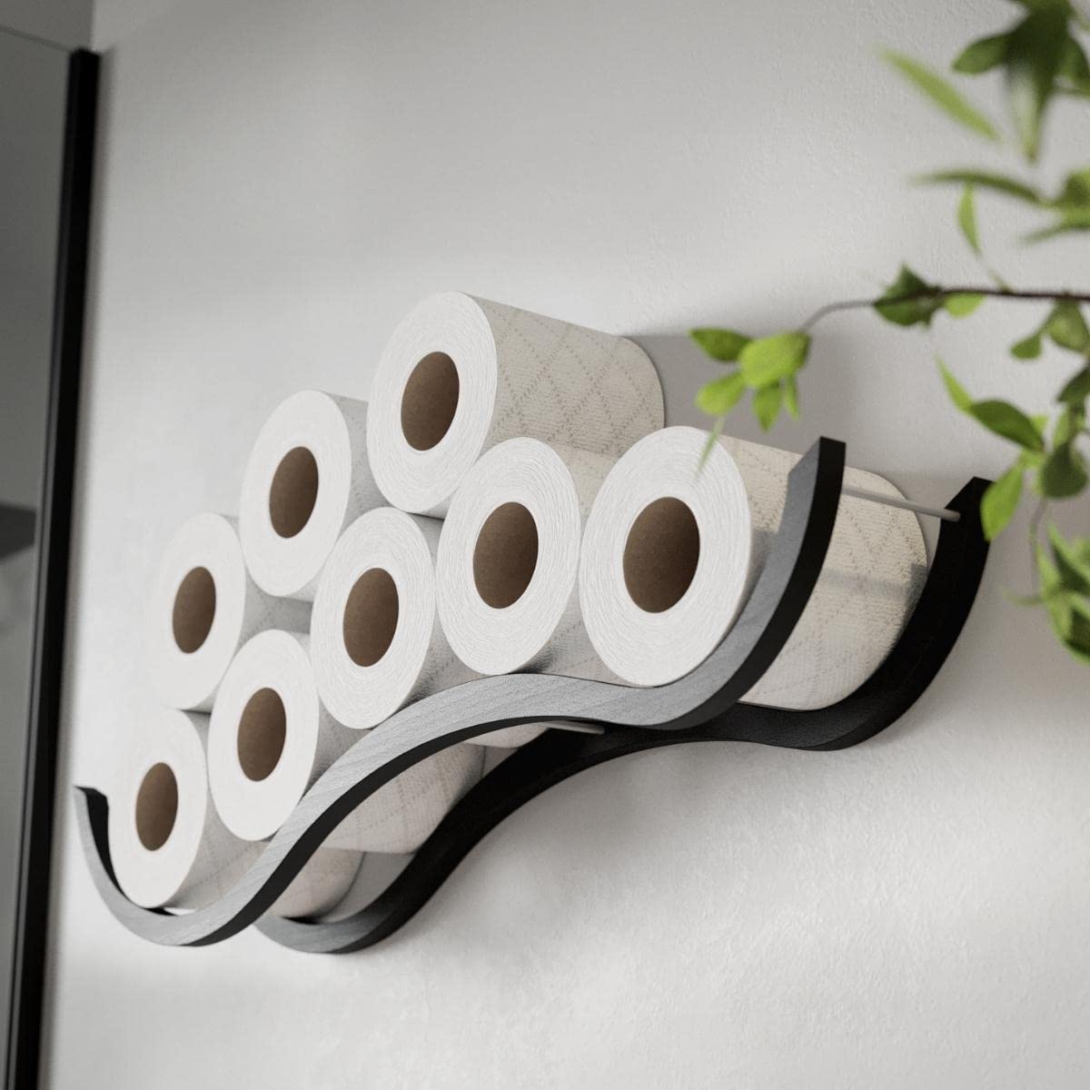 Wooden Toilet Paper Holder & Storage Shelf - Black Wave Design | Bathroom Organizer for Toilet Paper Rolls | Perfect for Modern Bathrooms, Powder Rooms & Vanities