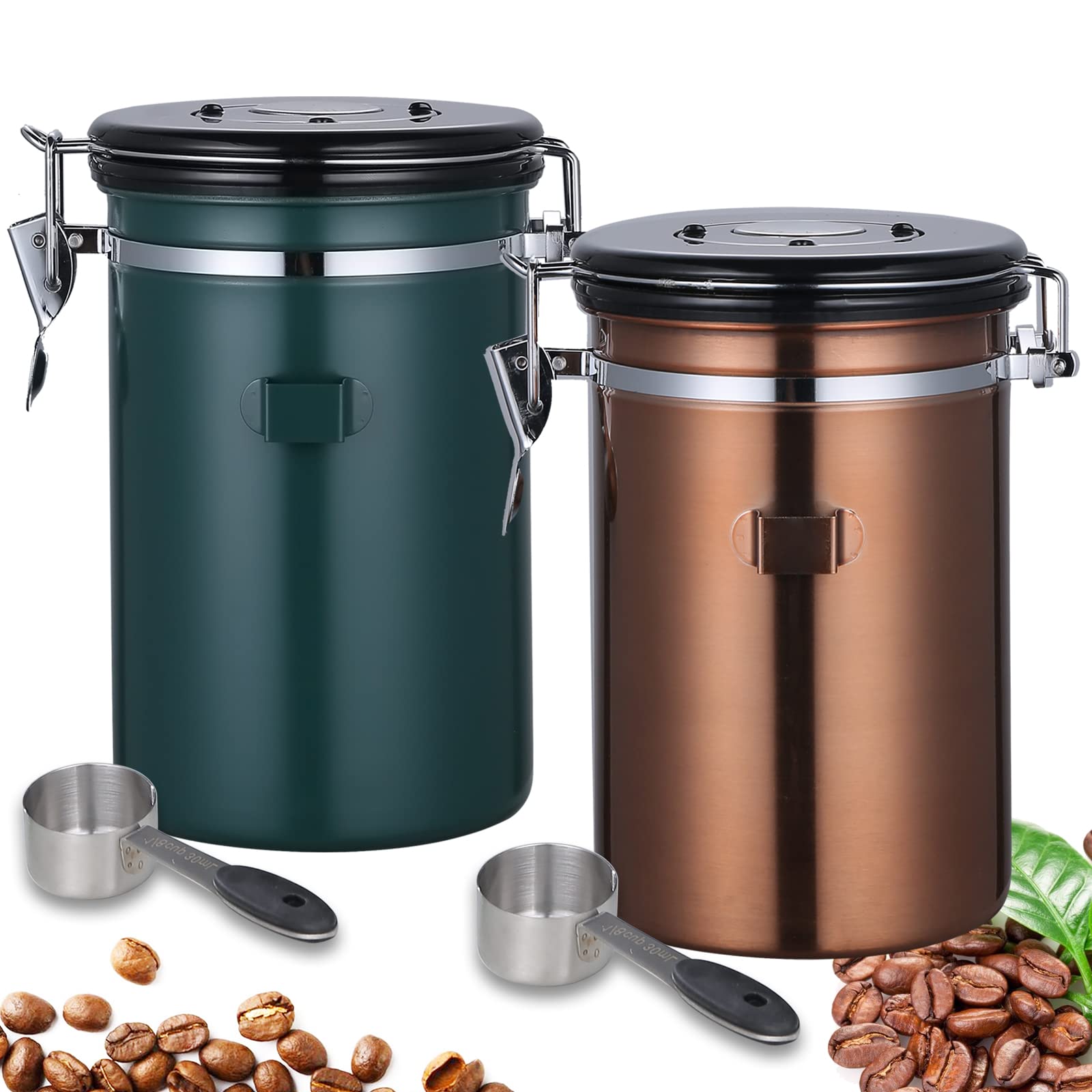 HiKupa Airtight Coffee Canister Set of 2 - 16 oz Stainless Steel Storage Jars with Built-in Valve & Date Tracker - Airtight Food Container for Coffee, Tea, Sugar, Flour - Perfect for Kitchen Pantry Organization (Green & Gold)