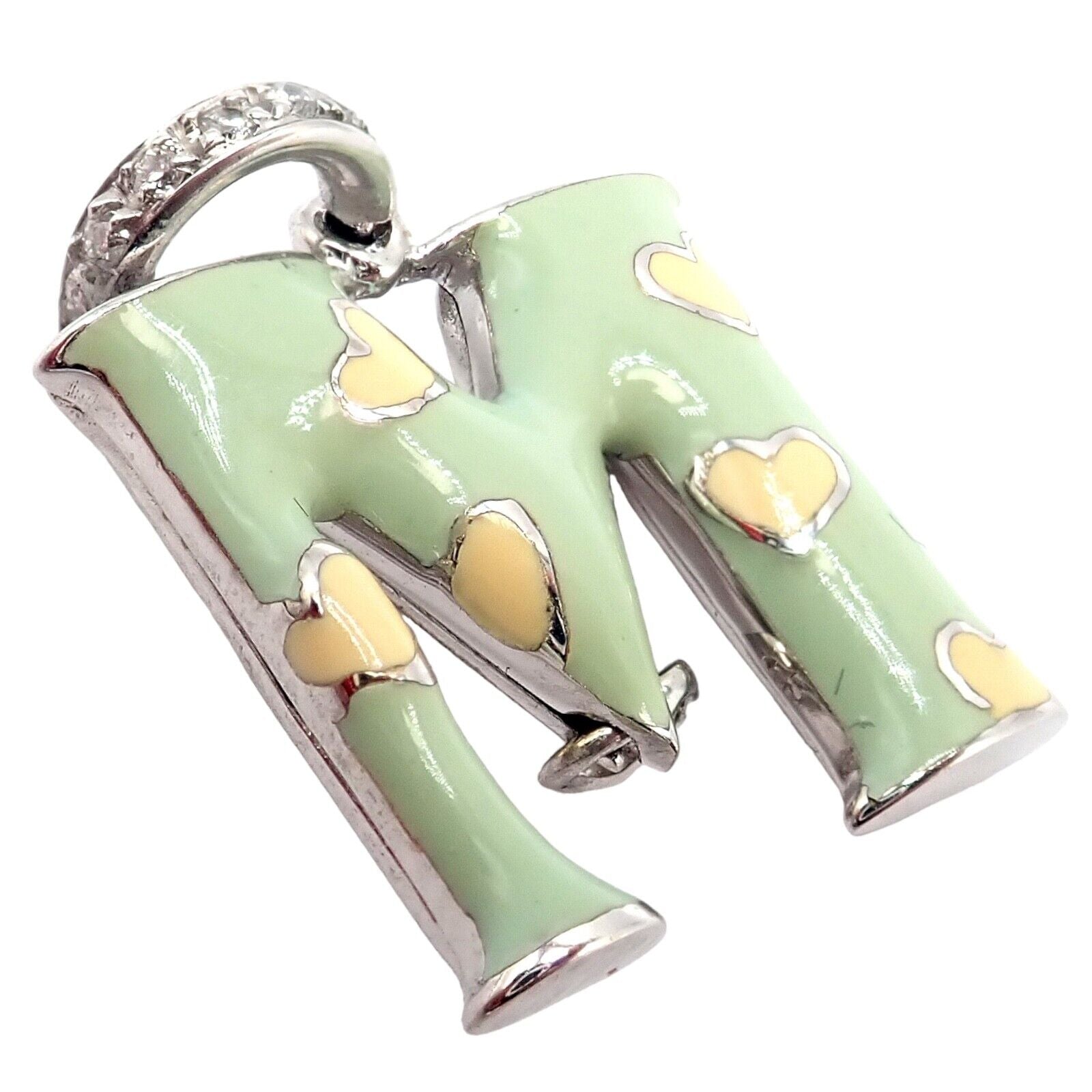 Aaron Basha 18k White Gold Diamond Green Enamel Baby M Initial Charm Pendant - Elegant Personalized Jewelry Gift for Newborns, Christening & Baby Showers