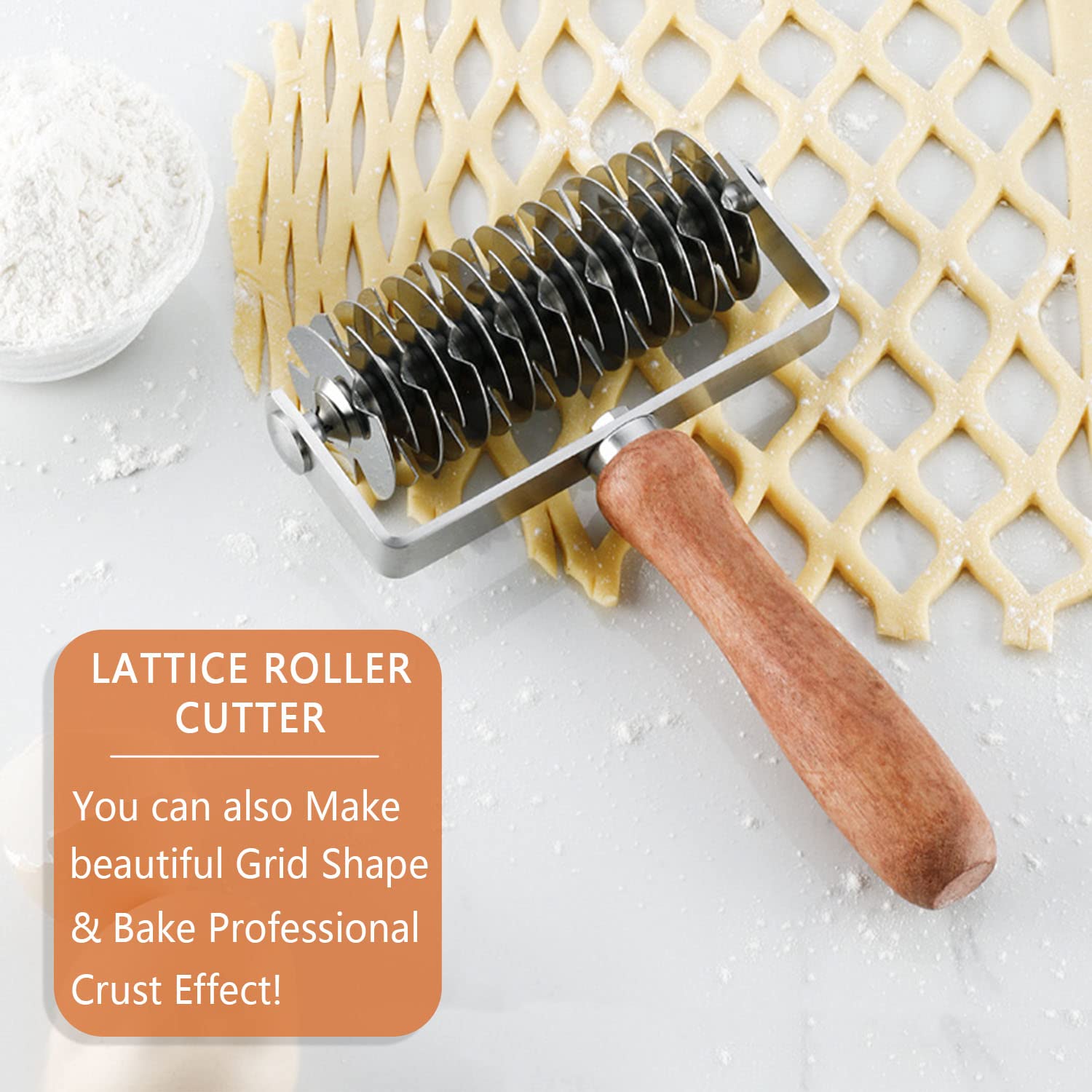 Stainless Steel Dough Cutter with Wooden Handle - Lattice Top Roller for Cookie, Pie, Pizza & Bread Crust | Perfect for Baking, Pastry Making & Fishnet Crust Designs | Ideal for Home Bakers & Professional Chefs