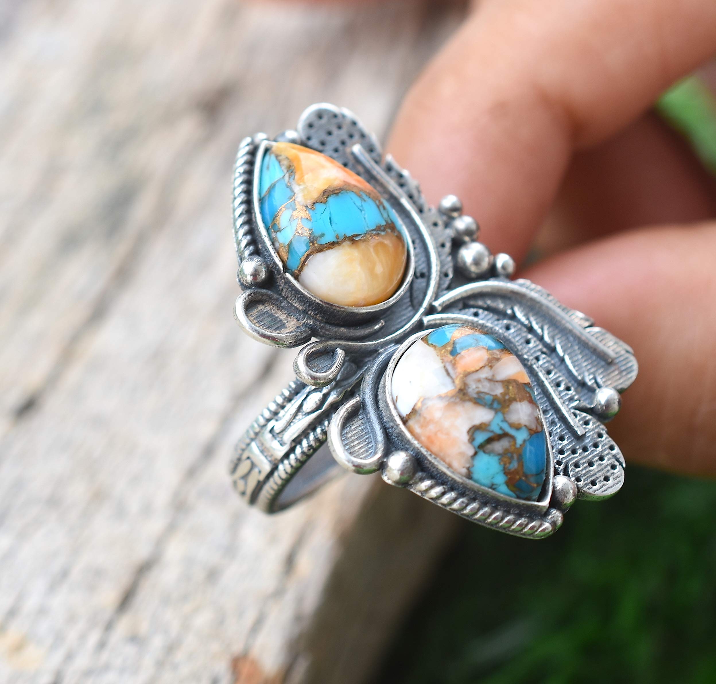 Vintage Handmade 925 Sterling Silver Oyster Copper Turquoise Ring - Boho Hippie Jewelry, Spiny Turquoise Birthstone Ring for Women - Perfect Birthday Gift, Wedding, Party & Everyday Wear - TQ-05