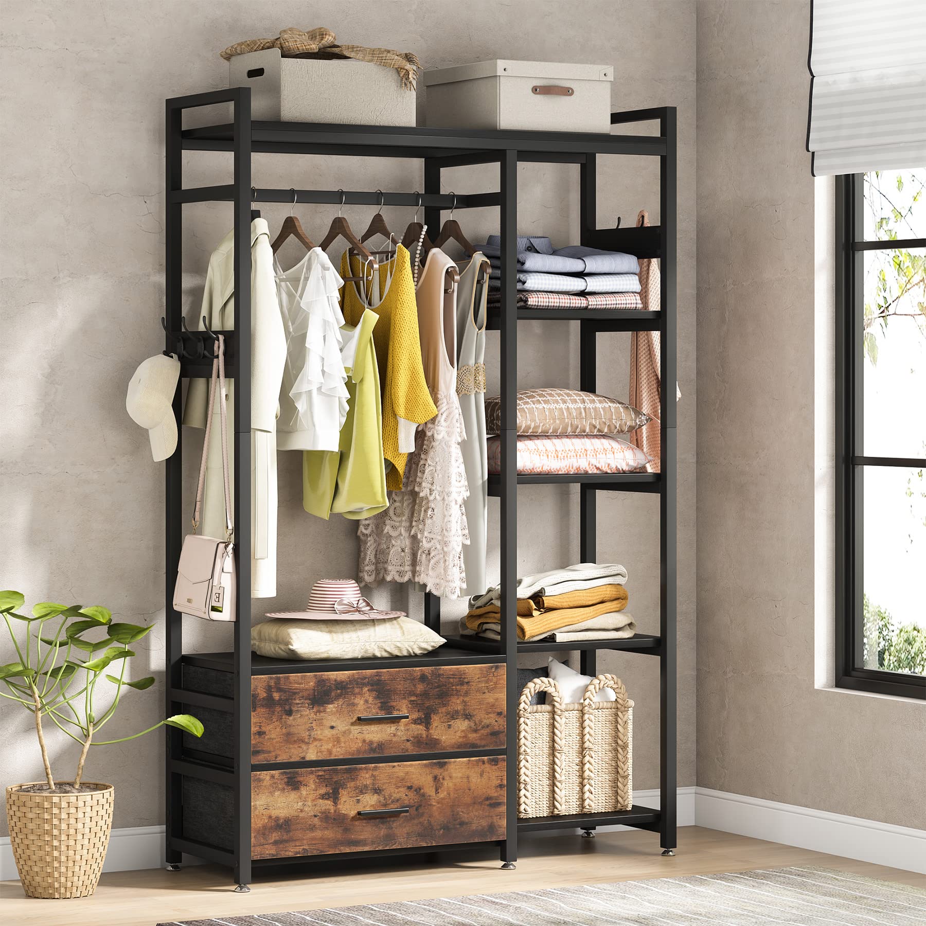 Tribesigns Freestanding Closet Organizer - Heavy Duty Garment Rack with Drawers & Shelves, Hanging Clothes Wardrobe Storage for Bedroom, Black | Perfect for Small Spaces, Closet Organization & Seasonal Clothing Storage
