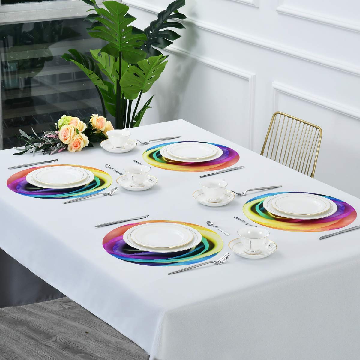 Blueangle Rainbow Rose Placemats - Set of 4 Round Non-Slip Table Mats for Dining, Heat Resistant & Decorative - Perfect for Kitchen, Restaurant, and Party Decor