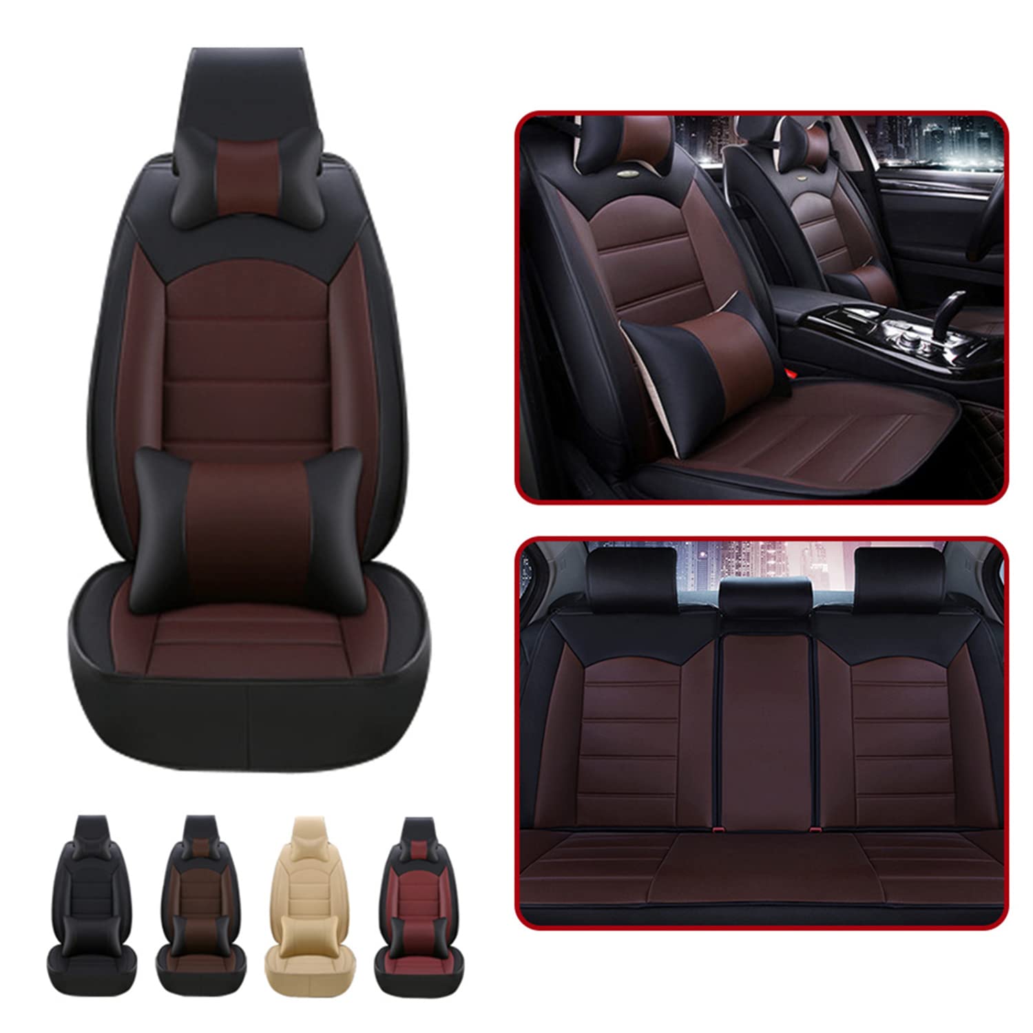 Premium Leather Car Seat Covers - Luxury Front & Rear Set with Headrest Cushions | Wear-Resistant, Waterproof & Airbag-Compatible | Perfect for SUVs, Trucks & Sedans | Enhances Comfort & Protects Seats During Daily Commutes & Road Trips