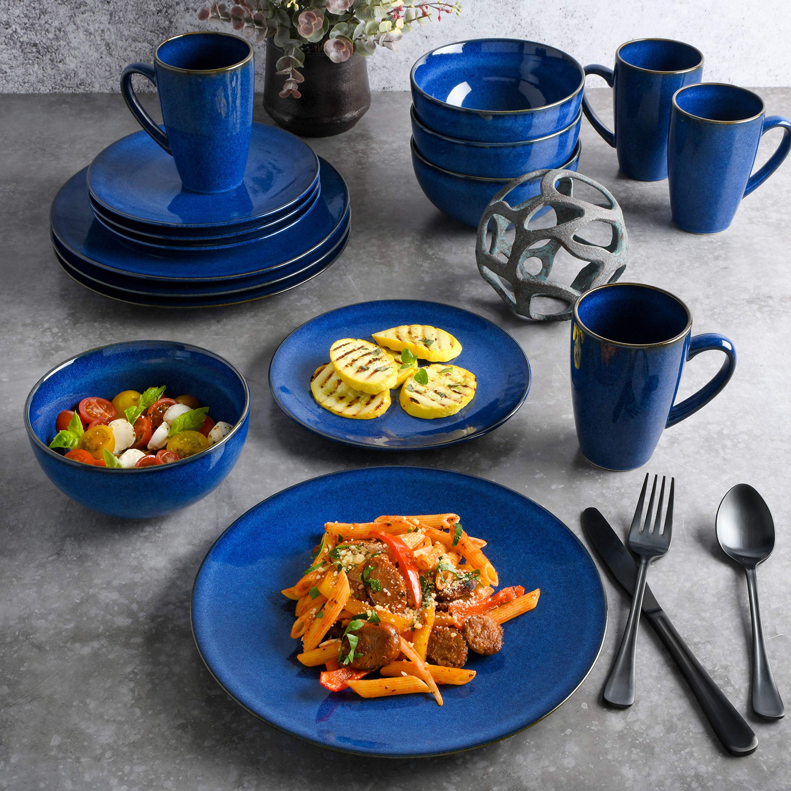 **Gibson Elite Lisbon Reactive Dinnerware Set - Cobalt Blue, 16-Piece Set for 4, Durable Stoneware Plates, Bowls & Mugs - Perfect for Everyday Dining, Dinner Parties & Gift Giving**