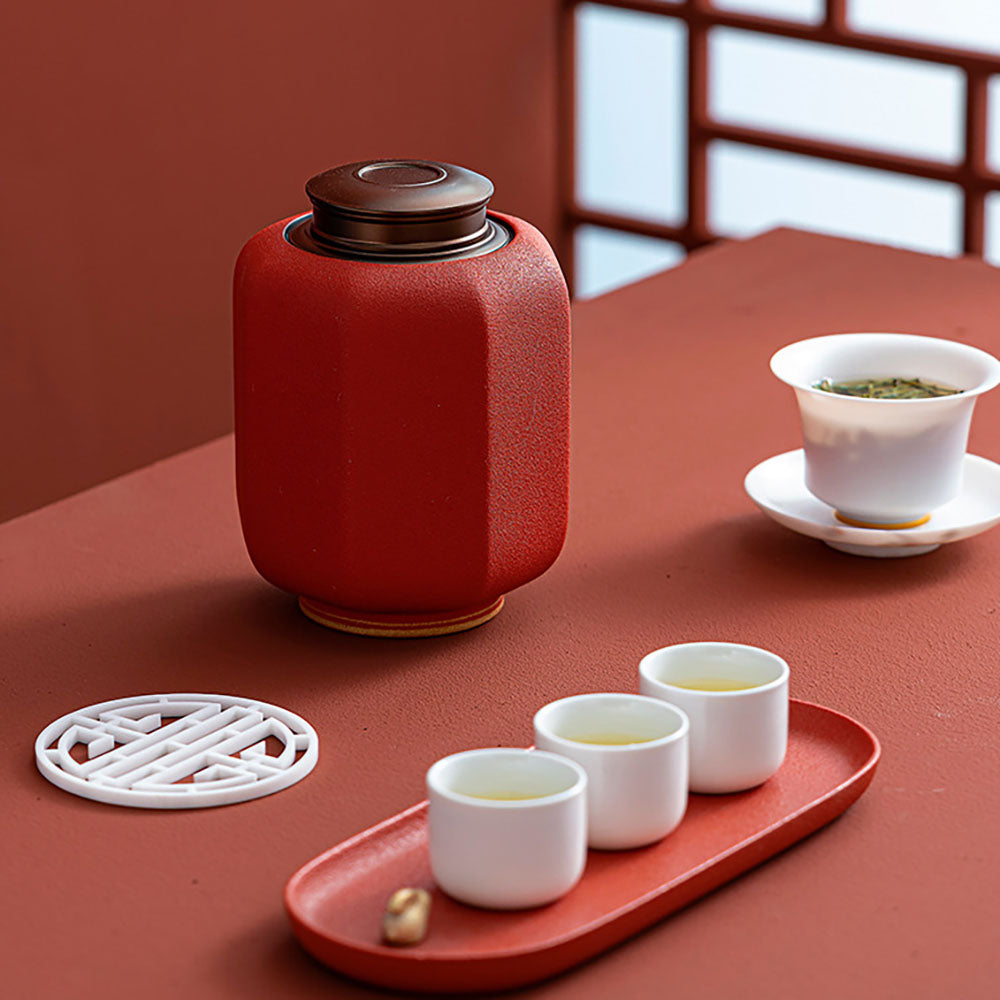 Traditional Chinese Palace Lantern Style Red Tea Caddy - Elegant Tea Storage Canister for Loose Leaf Tea - Perfect for Home Decor, Tea Ceremonies & Gift Giving