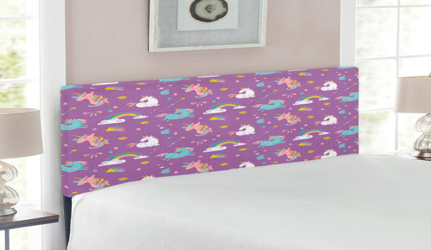 Ambesonne Magic Headboard - Unicorn & Rainbow Diamond Wand Pattern, Upholstered Decorative Metal Bed Frame with Memory Foam, Queen Size, Multicolor | Girls Room Decor, Fantasy Bedroom Design, Kids Furniture for Princess Themed Bedroom