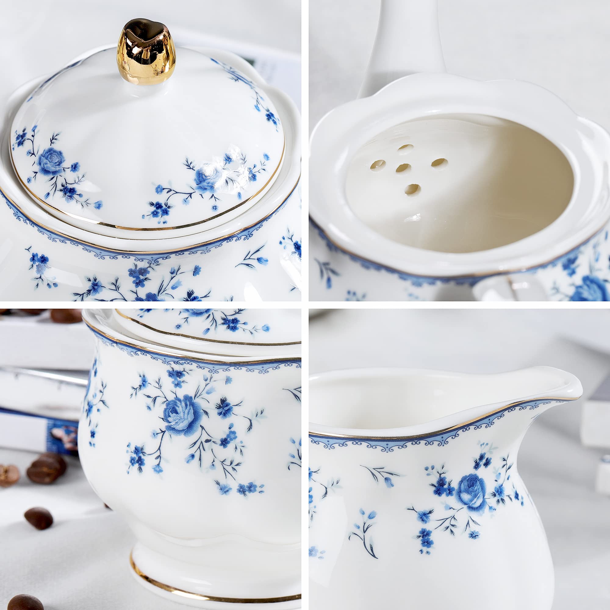 Fanquare 21-Piece Floral Porcelain Tea Set - British Style Tea Cup & Saucer Set for 6, Elegant Blue Roses Tea Party Collection - Perfect for Afternoon Tea, Bridal Showers & Mother's Day Gifts