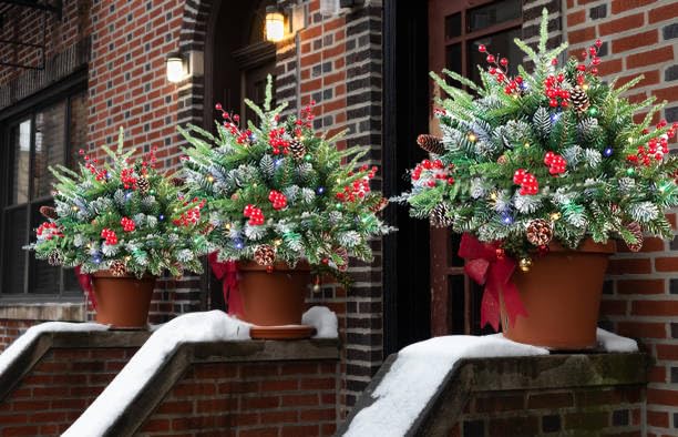 Topsgain Christmas Planter with 60 LED Lights - 2 Pack Indoor/Outdoor Holiday Urn Filler for Porch, Patio & Mantel Decor (18-Inch Prelit Artificial Bushes, C-18IN)