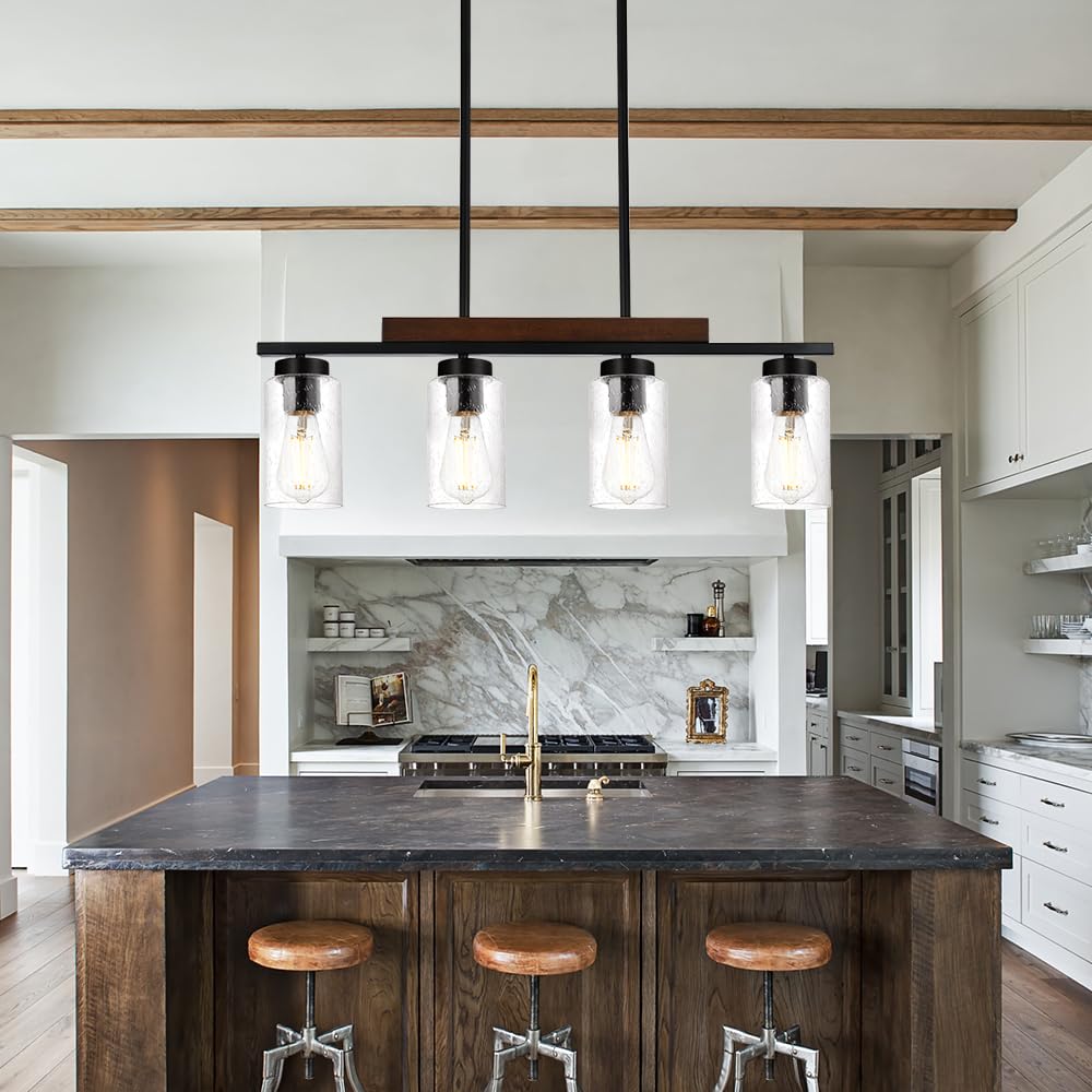 4-Lights Kitchen Island Pendant Light Fixture - Seeded Glass & Solid Wood Frame Linear Chandelier for Dining Room, Living Room - Perfect for Farmhouse, Modern & Industrial Home Decor