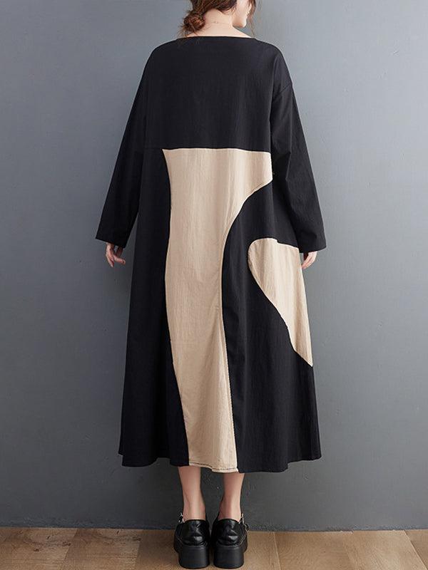 Lovevop Women's Casual Long Sleeve Loose Fit Contrast Color Printed Round Neck Midi Dress - Perfect for Fall Outfits, Date Nights & Office Wear