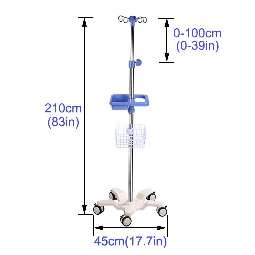Adjustable IV Pole Stand with Silent Brake Wheels & 4 Hooks - 43.3 to 83 Inches Height - Stainless Steel Medical Equipment with Wide Base for Stability - Perfect for Hospitals, Clinics & Home Healthcare Use