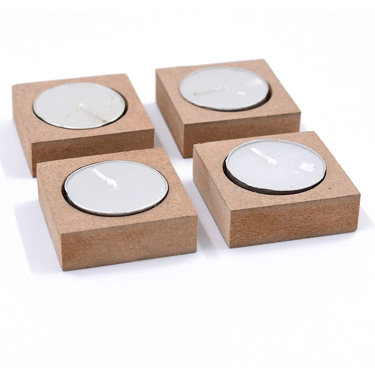 Printfry Set of 4 Plain MDF Wooden Tea Light Candle Holders with Candles - Unfinished Single Base for DIY Painting, Decoupage, Resin Art - Perfect for Home Decor, Wedding Centerpieces & Craft Projects