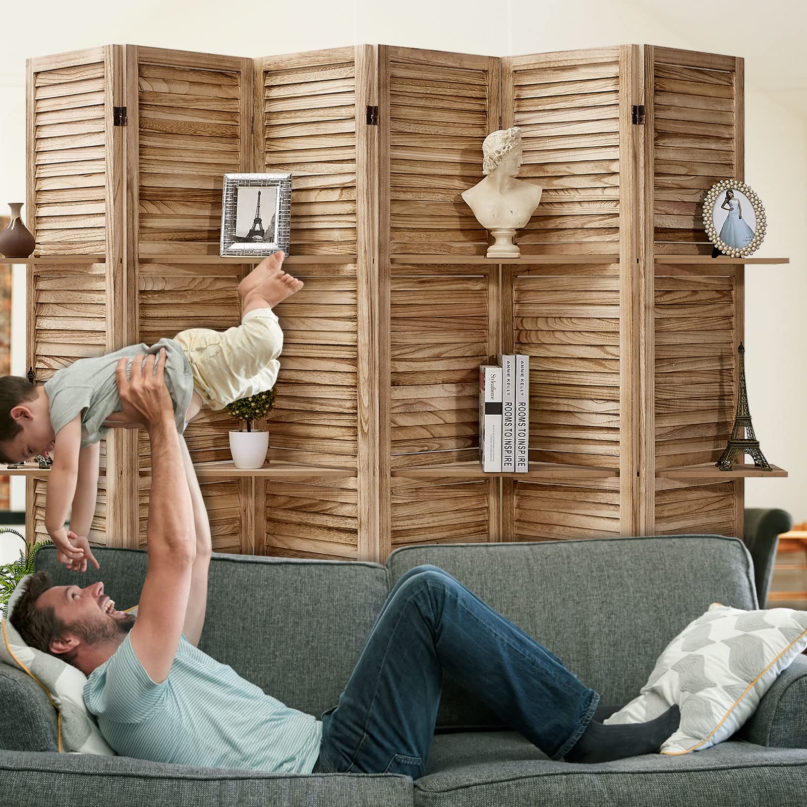 5.6 Ft Tall Wood Room Divider Panel - Folding Privacy Screen with Shelves for Home & Office - Natural Finish 6 Panel - Perfect for Living Room, Bedroom, or Workspace Partition