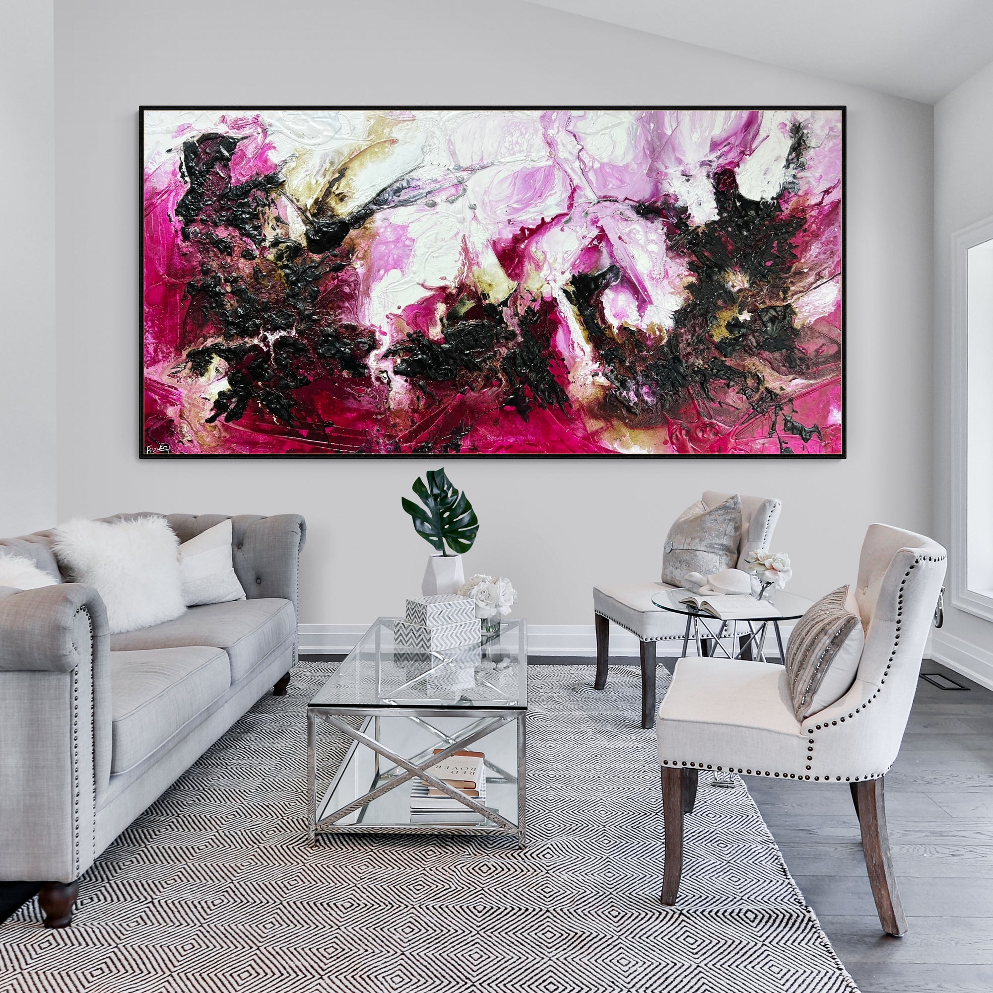 Scarlett & Fig 240cm x 120cm Magenta Textured Abstract Canvas Art - Modern Large Wall Painting for Living Room, Bedroom & Office Decor