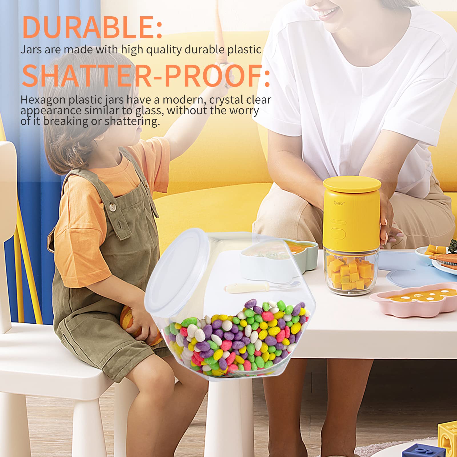4 Pack Hexagon Plastic Candy Jars with Lids - 30oz Clear Kitchen Storage Containers for Snacks, Cookies, Dog Treats & Coffee Pods | Perfect for Pantry Organization, Party Favors & Home Decor
