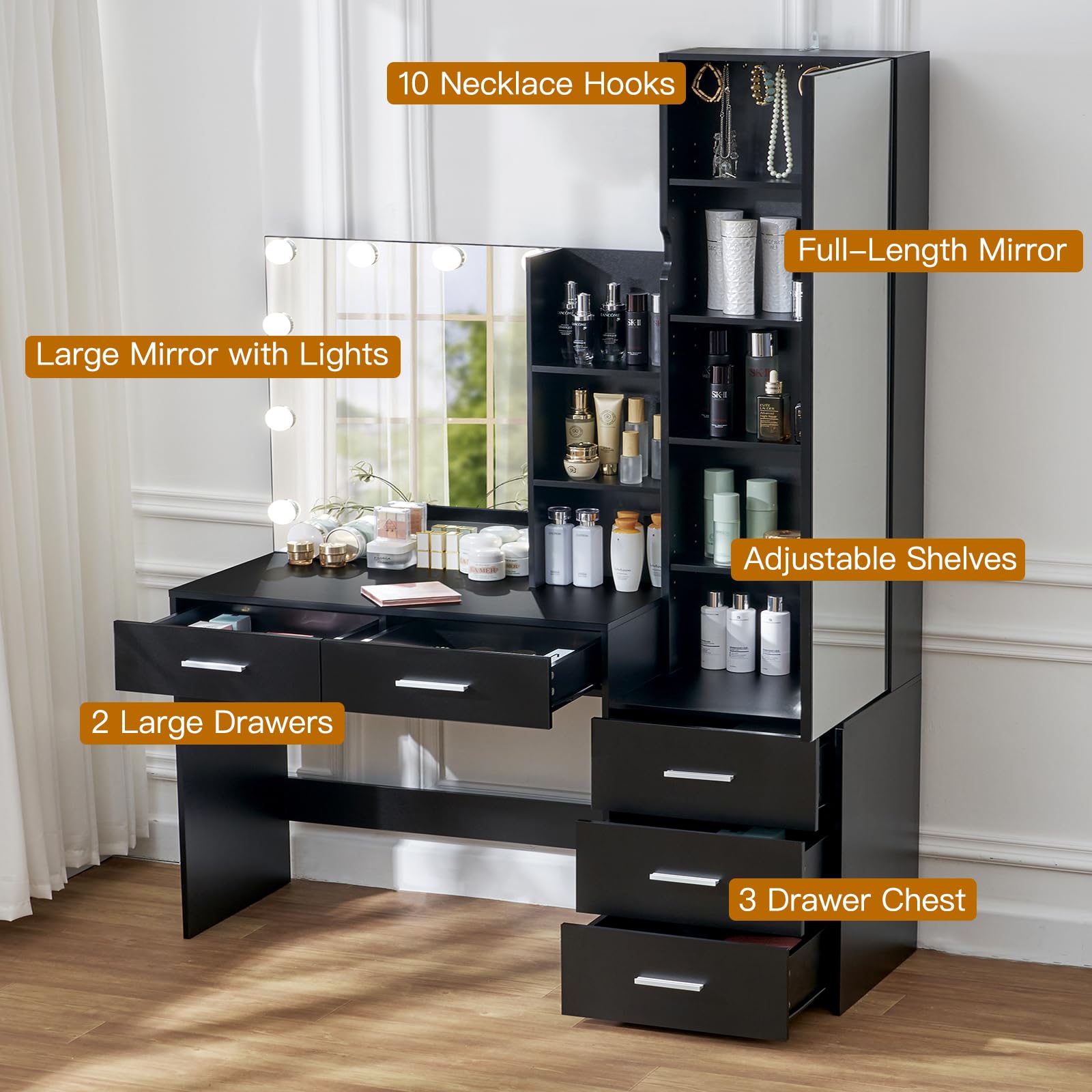USIKEY Vanity Desk with Full-Length Mirror & LED Lights - Makeup Dressing Table with Jewelry Cabinet, 2 Drawers & 2 Shelves - Elegant Black Vanity Set for Women & Girls - Perfect for Bedroom, Dorm Room or Dressing Area