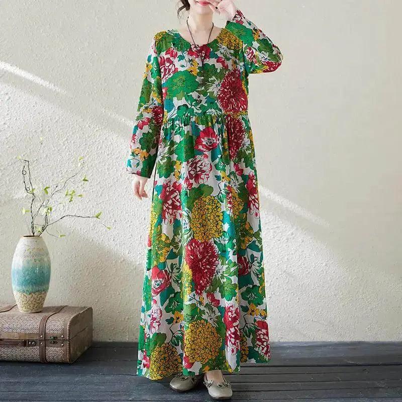 Bohemian Green Floral Print Cotton Dress for Women | Summer Casual Maxi Dress | Perfect for Beach, Vacation & Festival Outfits