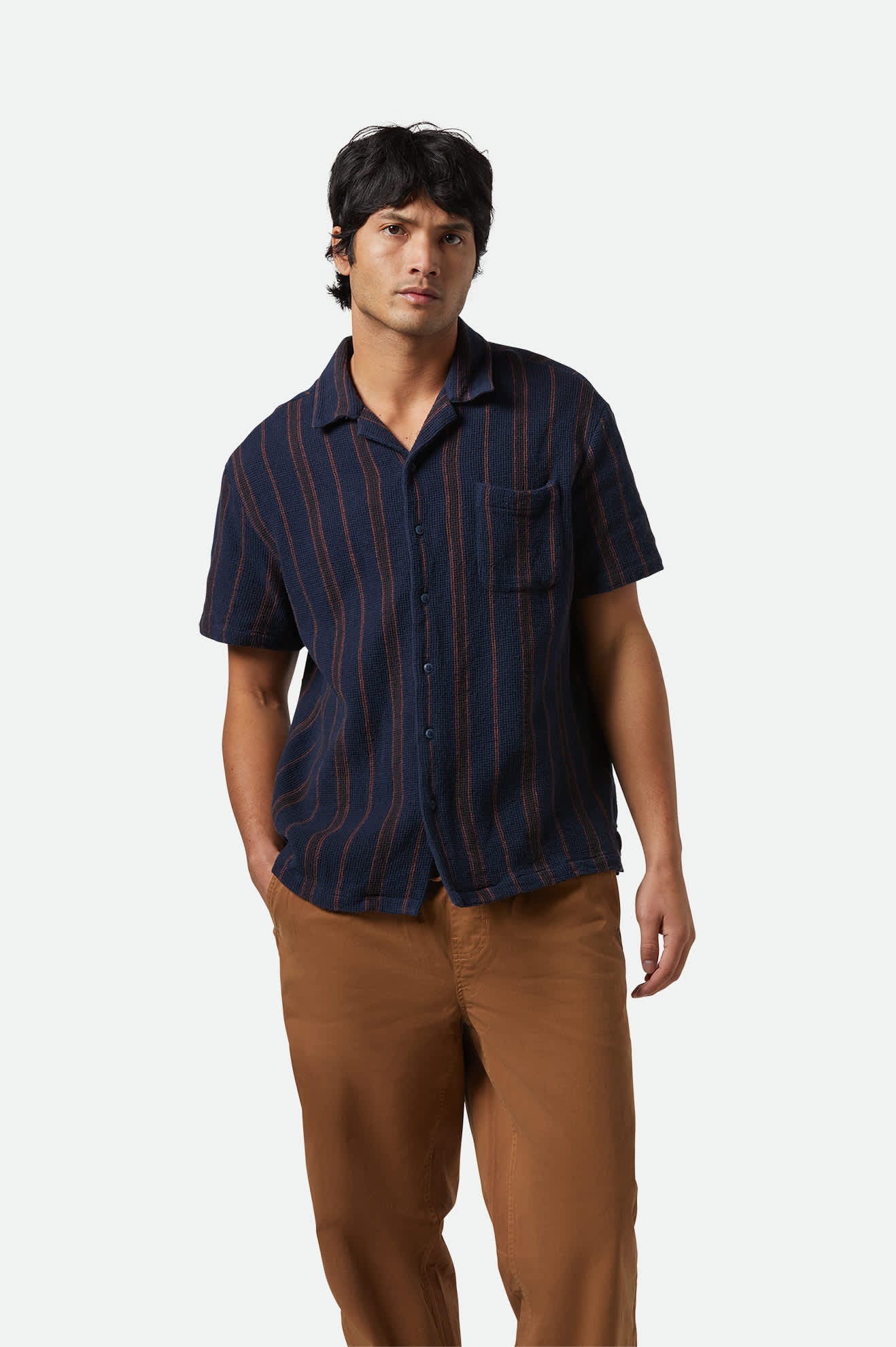 Bunker Waffle Stripe Short Sleeve Camp Collar Shirt - Washed Navy Stripe | Casual Summer Wear for Men, Beach Outfit, Vacation Style
