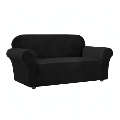 Turquoise Jacquard Stretch Sofa Slipcover - 1 Piece Elastic Couch Cover for 3-Cushion Sofas, Pet-Friendly Furniture Protector with Secure Fit - Perfect for Living Room, Family Room & Home Decor (Black)