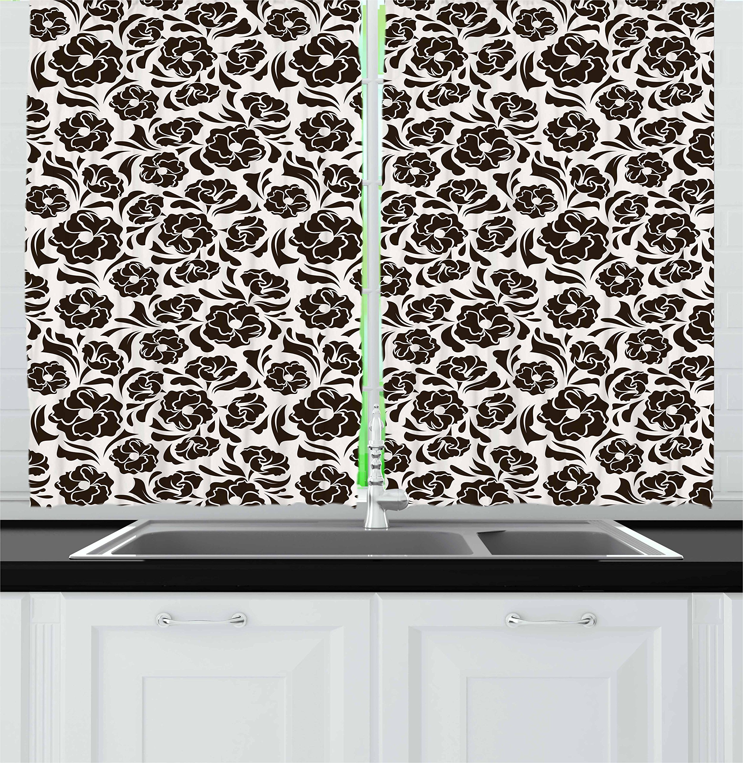 Ambesonne Vintage Kitchen Curtains Set of 2 Panels - Nostalgic Abstract Floral & Leaf Botanical Design, Dark Brown & White Window Drapes for Kitchen & Cafe Decor, 55