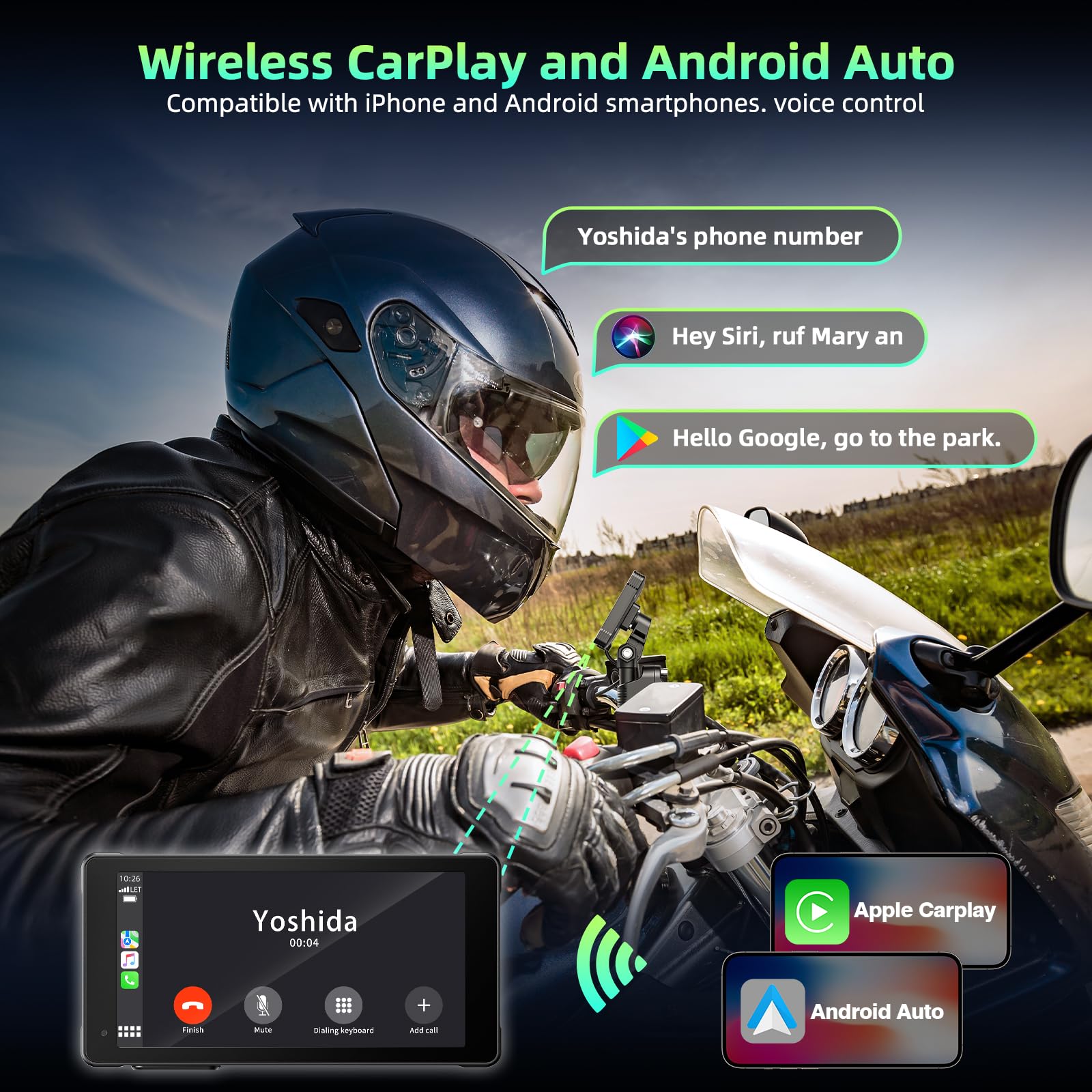 HOTPEAK 5.5-Inch IP67 Waterproof Motorcycle Stereo with Wireless CarPlay & Android Auto, 2K Front + 1080P Rear Dashcam, Bluetooth, Navigation & Voice Assistant - Perfect for Adventure Riding, Commuting and GPS Navigation on Your Bike