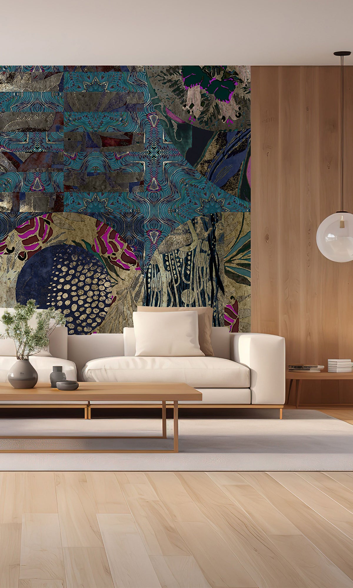 Blue Geometric Collage Mural Wallpaper M2574 - Modern Peel & Stick Wall Decor for Living Room, Bedroom, or Office