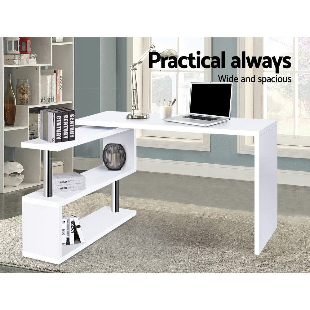Modern White Rotary Corner Desk with Bookshelf - Space-Saving Home Office Furniture for Small Rooms & Apartments