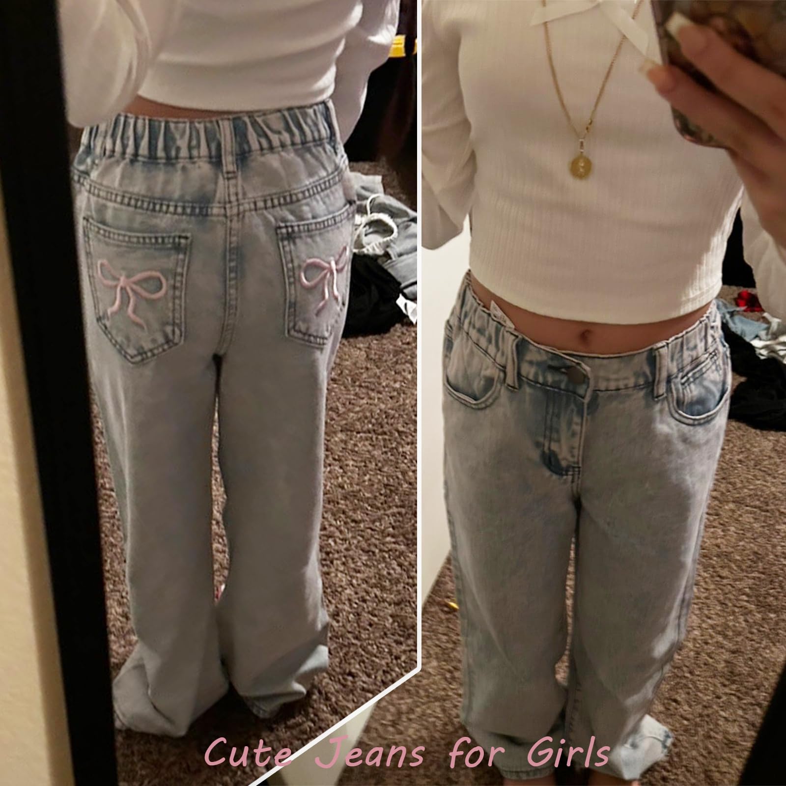 Girls Wide Leg Baggy Jeans High Elastic Waist Cute Bow Denim Pants - Casual Streetwear for Kids Age 7-14 Years | Perfect for School, Playdates & Everyday Wear